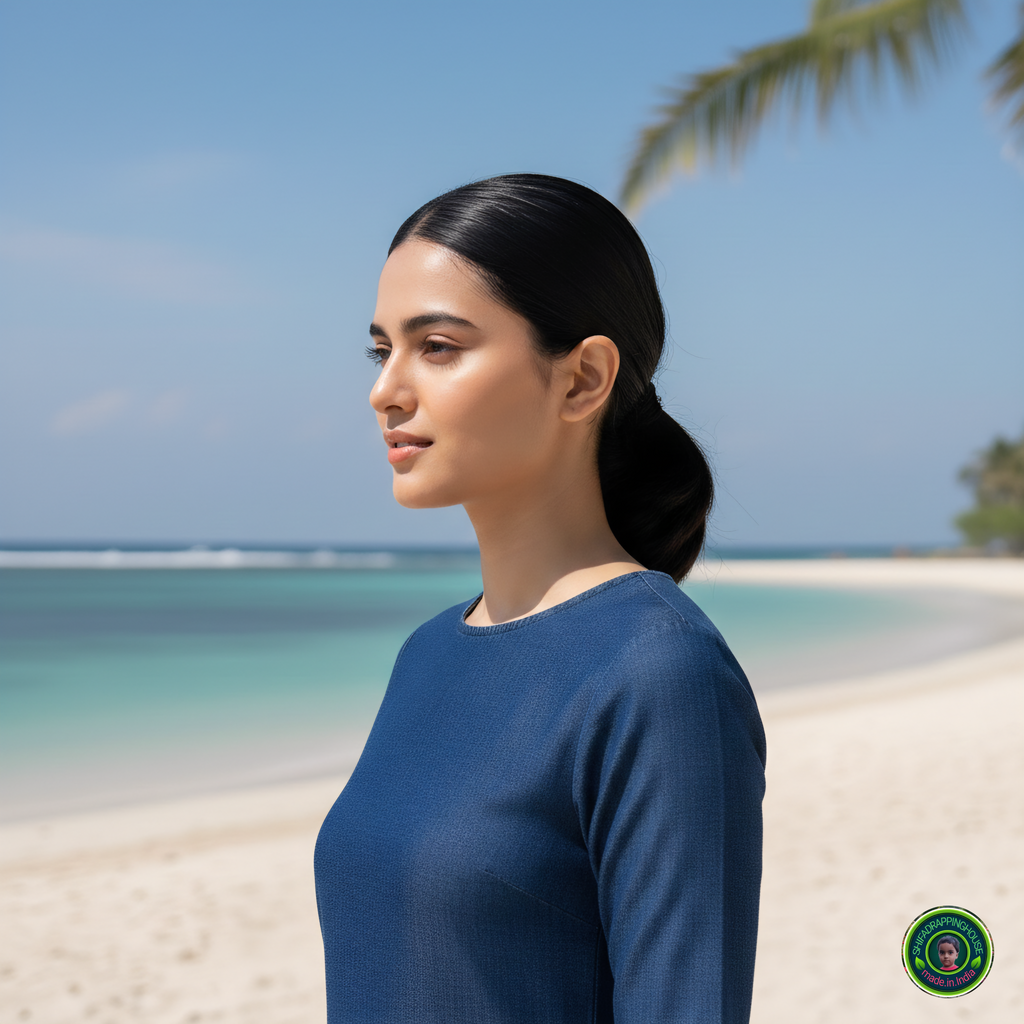 Royal Navy Blue Denim A-Line Midi Dress with Concealed Back Zipper & Elbow Sleeves