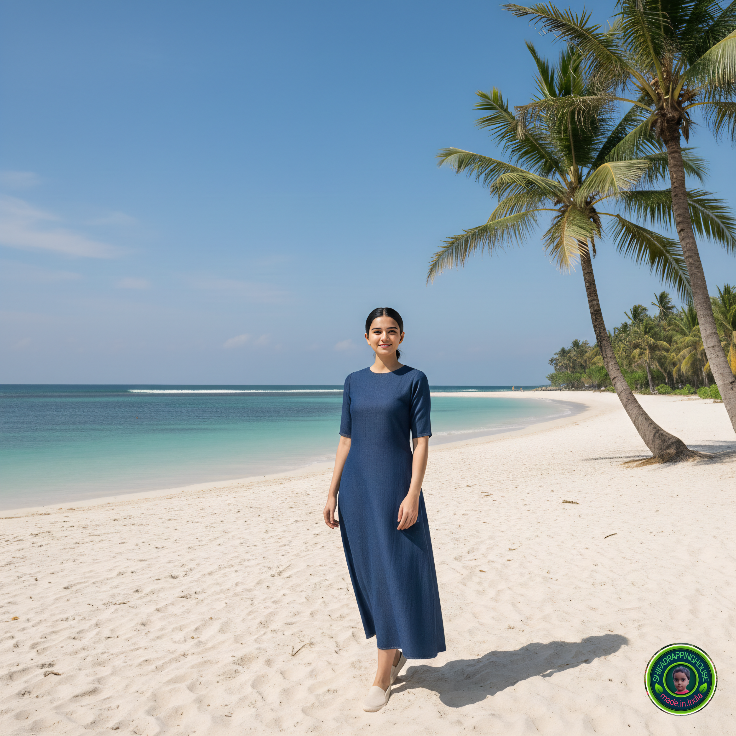 Royal Navy Blue Denim A-Line Midi Dress with Concealed Back Zipper & Elbow Sleeves