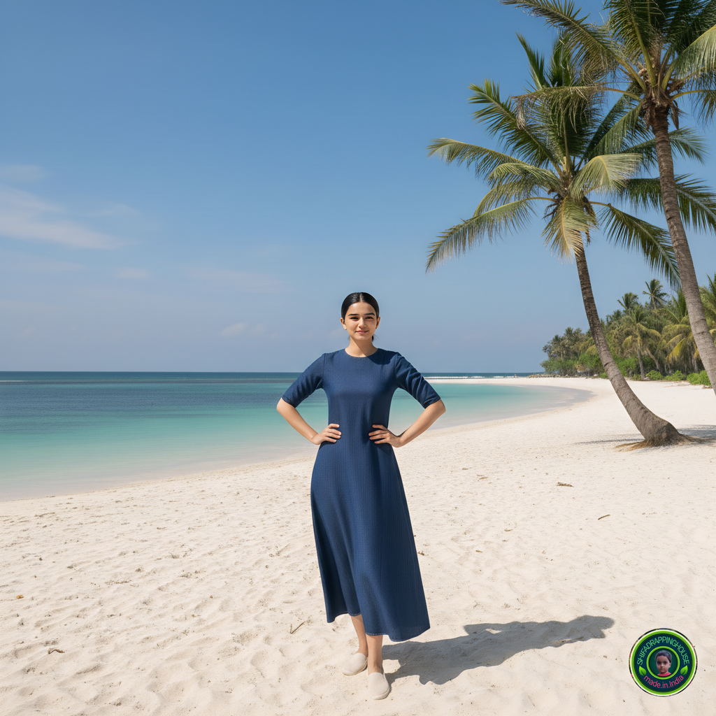 Royal Navy Blue Denim A-Line Midi Dress with Concealed Back Zipper & Elbow Sleeves