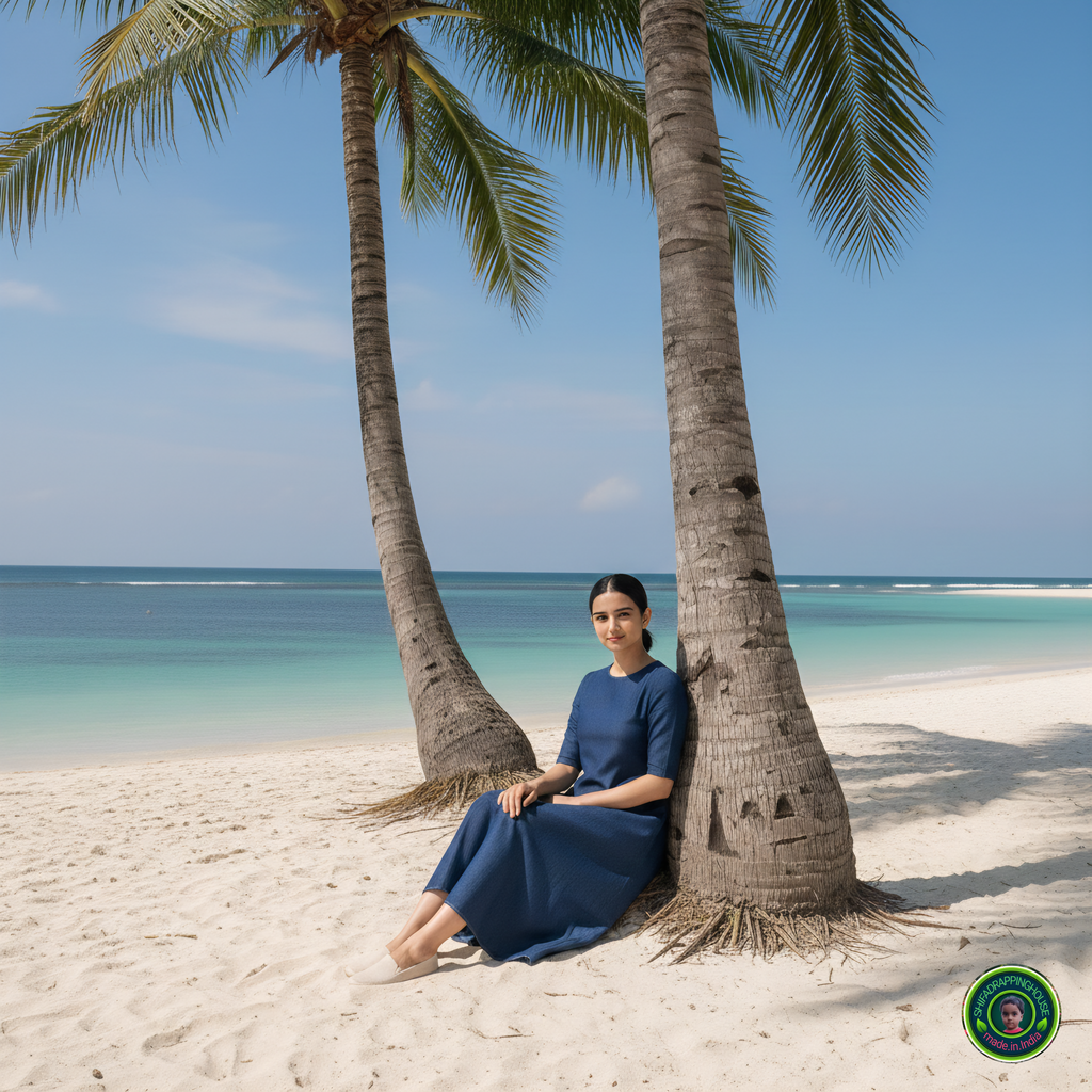 Royal Navy Blue Denim A-Line Midi Dress with Concealed Back Zipper & Elbow Sleeves