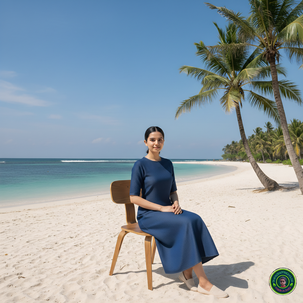 Royal Navy Blue Denim A-Line Midi Dress with Concealed Back Zipper & Elbow Sleeves