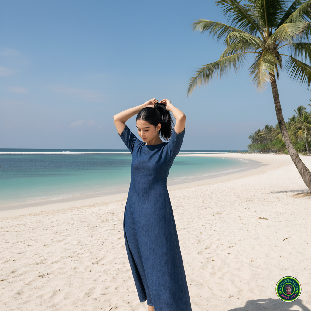 Royal Navy Blue Denim A-Line Midi Dress with Concealed Back Zipper & Elbow Sleeves