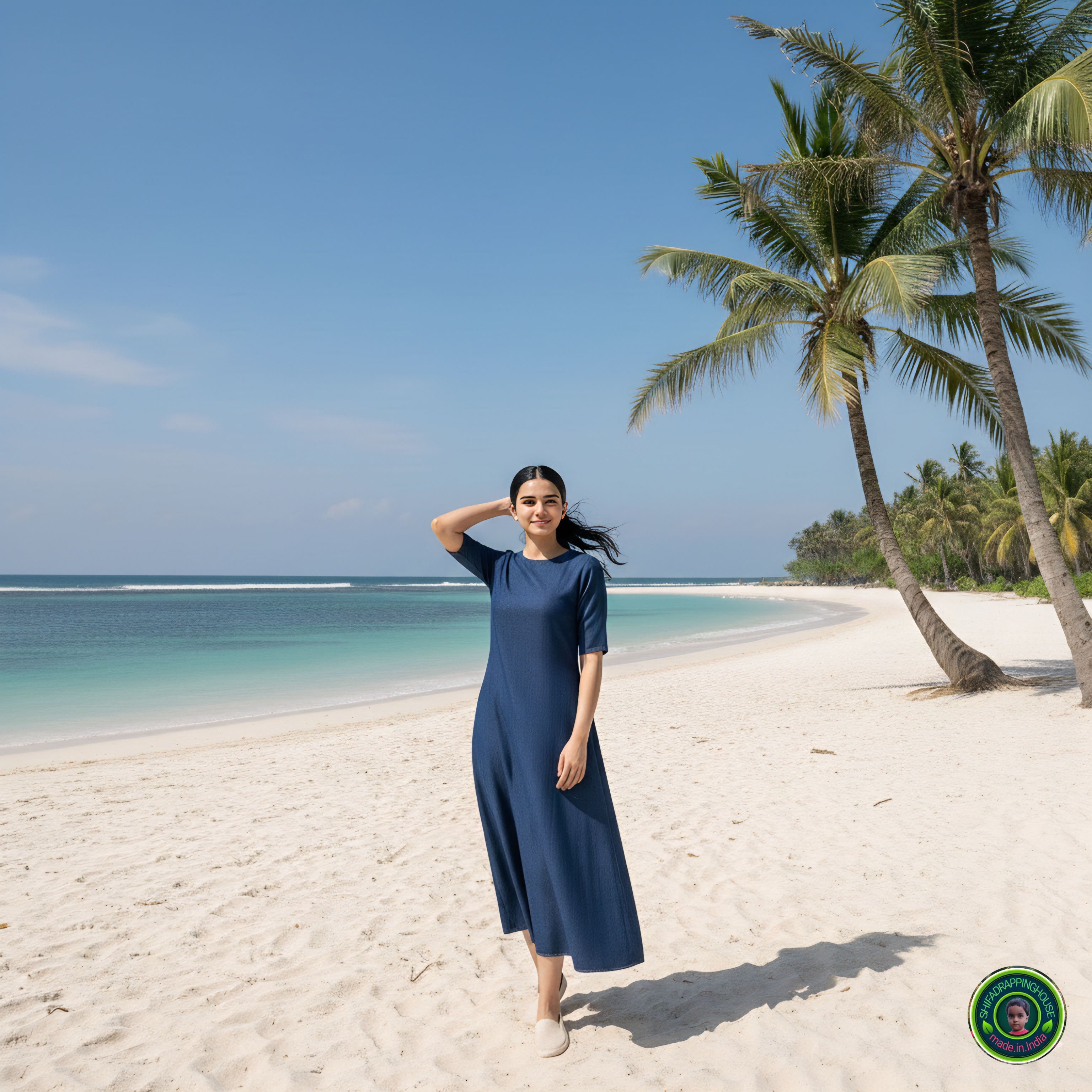 Royal Navy Blue Denim A-Line Midi Dress with Concealed Back Zipper & Elbow Sleeves