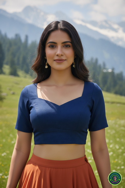 Premium Navy Blue Denim Elbow-Sleeve Blouse – Luxury Princess Cut Indo-Western Top (Padded & Seamless Fit)