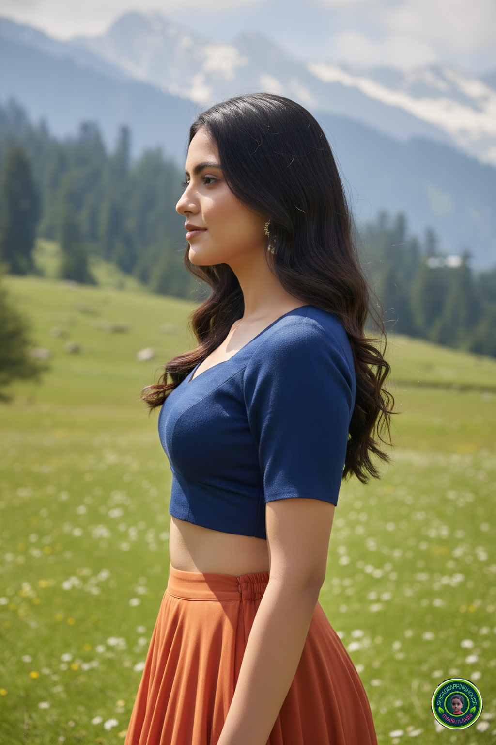 Premium Navy Blue Denim Elbow-Sleeve Blouse – Luxury Princess Cut Indo-Western Top (Padded & Seamless Fit)