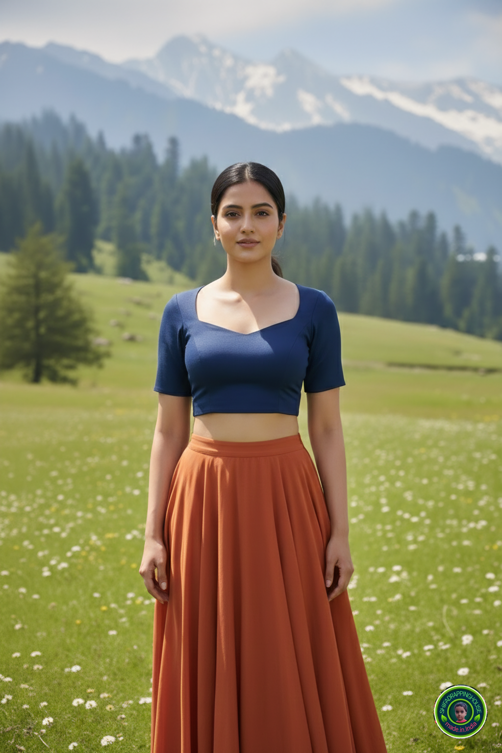 Premium Navy Blue Denim Elbow-Sleeve Blouse – Luxury Princess Cut Indo-Western Top (Padded & Seamless Fit)