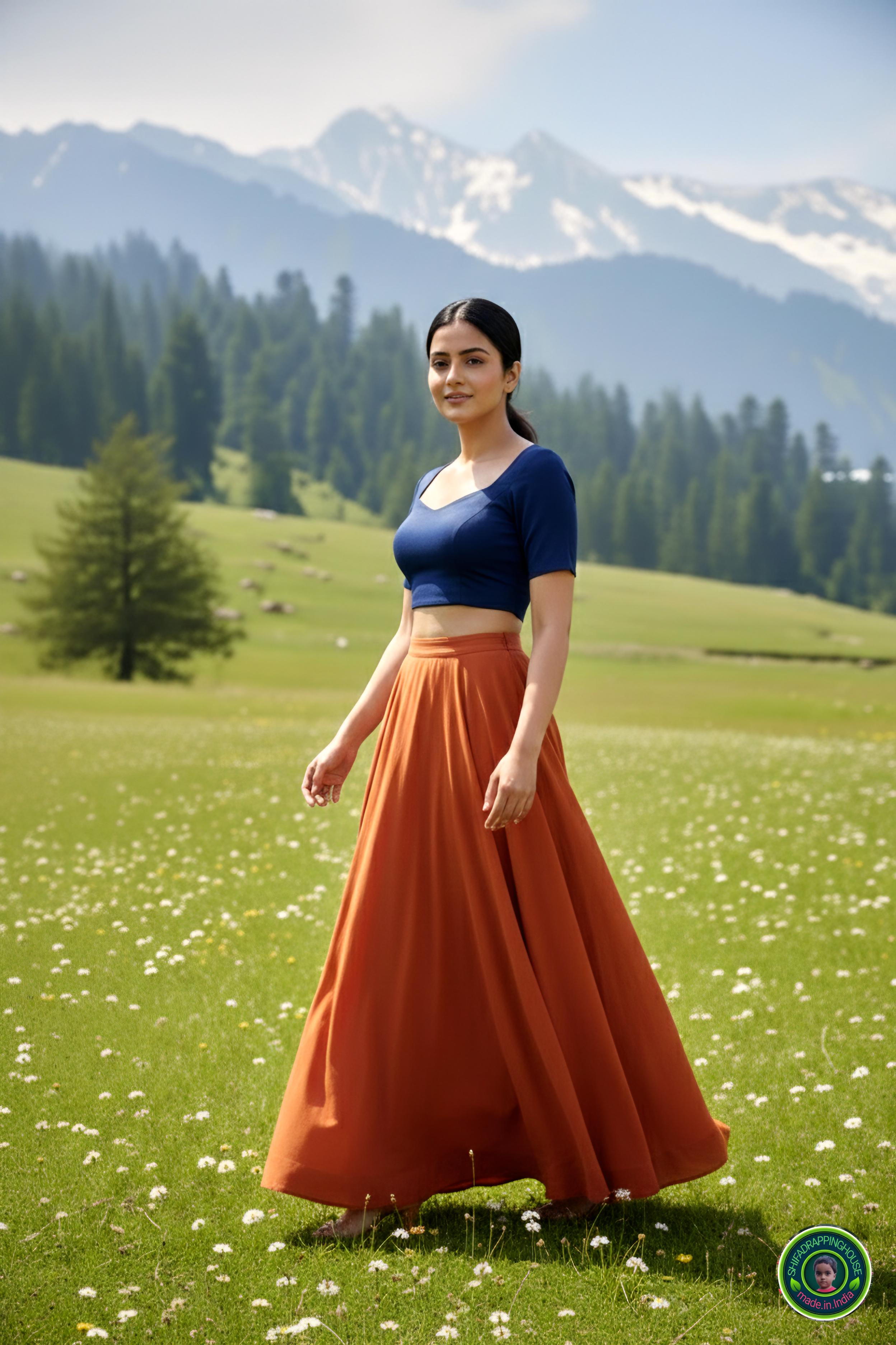 Premium Navy Blue Denim Elbow-Sleeve Blouse – Luxury Princess Cut Indo-Western Top (Padded & Seamless Fit)