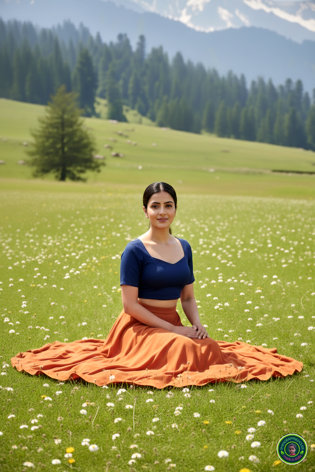 Premium Navy Blue Denim Elbow-Sleeve Blouse – Luxury Princess Cut Indo-Western Top (Padded & Seamless Fit)