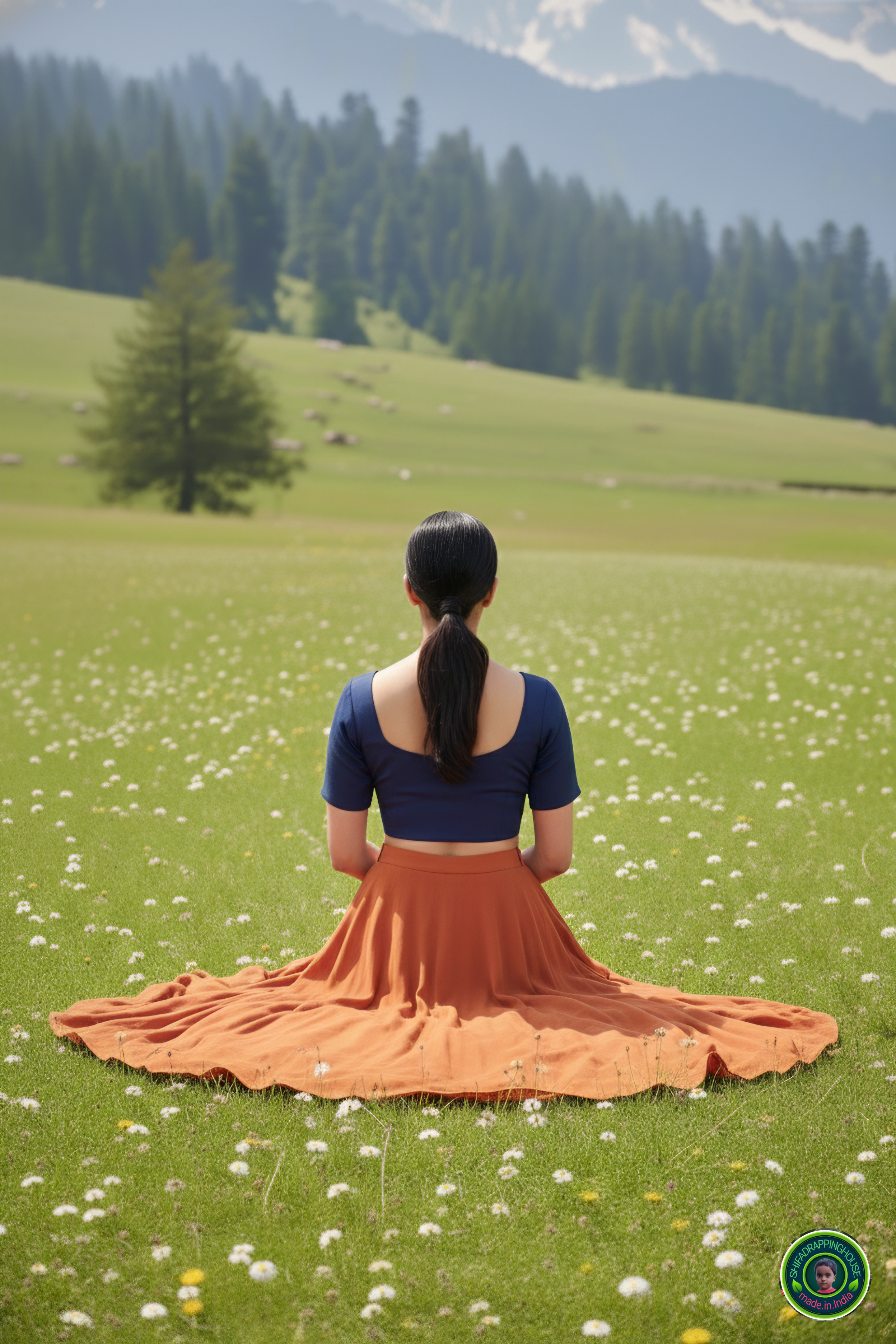 Premium Navy Blue Denim Elbow-Sleeve Blouse – Luxury Princess Cut Indo-Western Top (Padded & Seamless Fit)