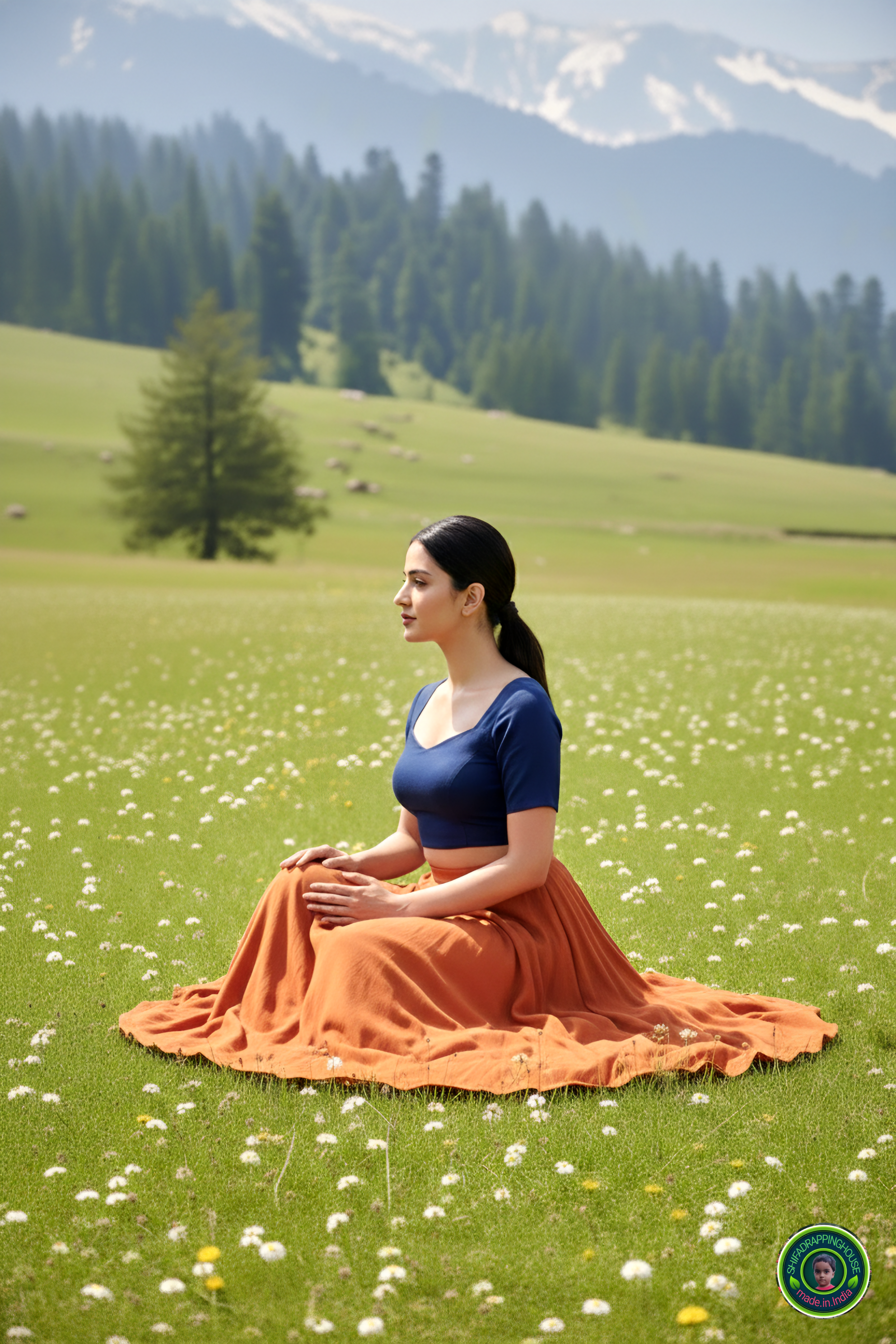 Premium Navy Blue Denim Elbow-Sleeve Blouse – Luxury Princess Cut Indo-Western Top (Padded & Seamless Fit)