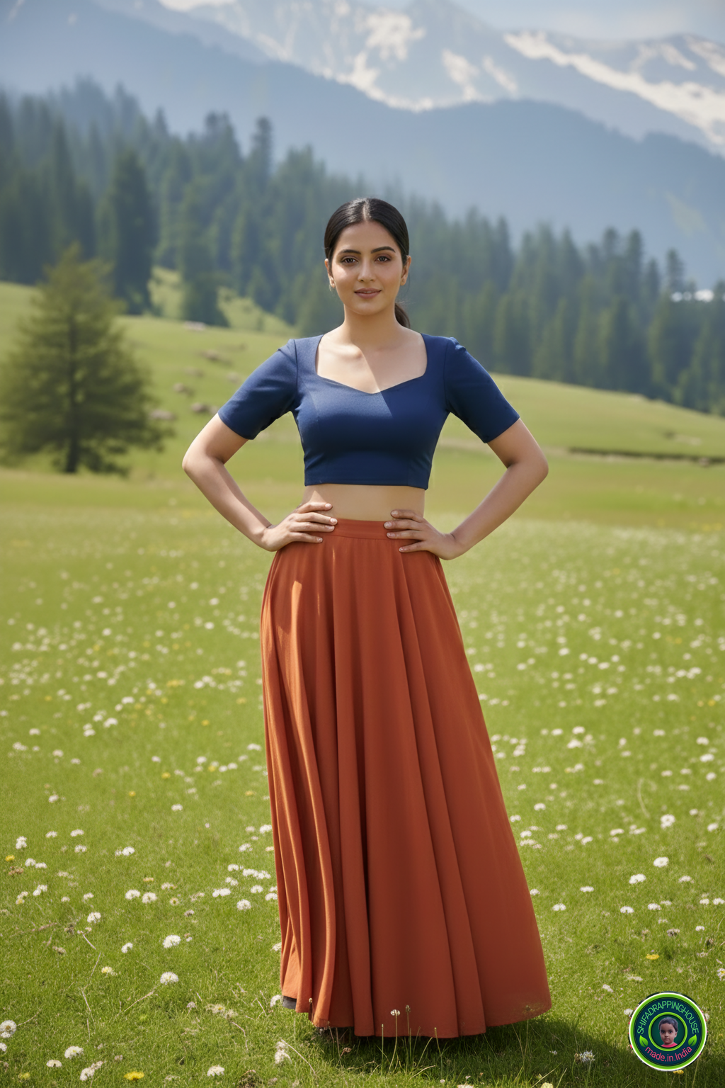 Premium Navy Blue Denim Elbow-Sleeve Blouse – Luxury Princess Cut Indo-Western Top (Padded & Seamless Fit)