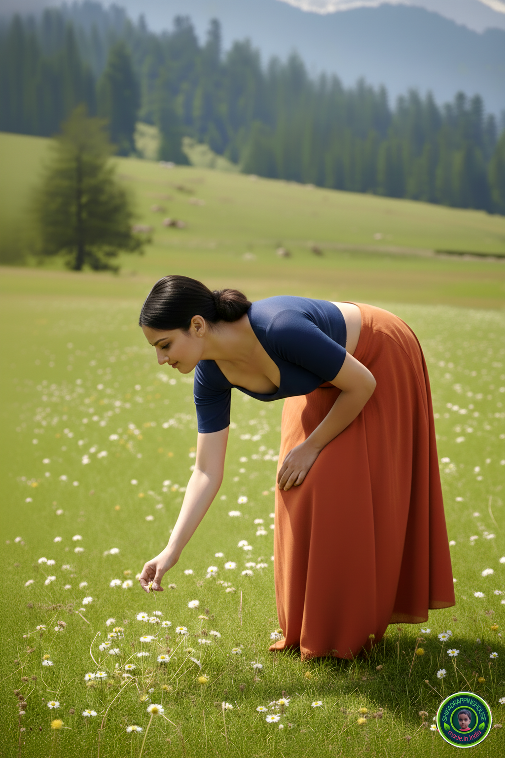 Premium Navy Blue Denim Elbow-Sleeve Blouse – Luxury Princess Cut Indo-Western Top (Padded & Seamless Fit)