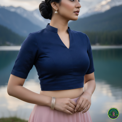 Premium Navy Blue Denim V-Neck Blouse with Mandarin Collar – Luxury Princess Cut Indo-Western Top (Padded & Lined)