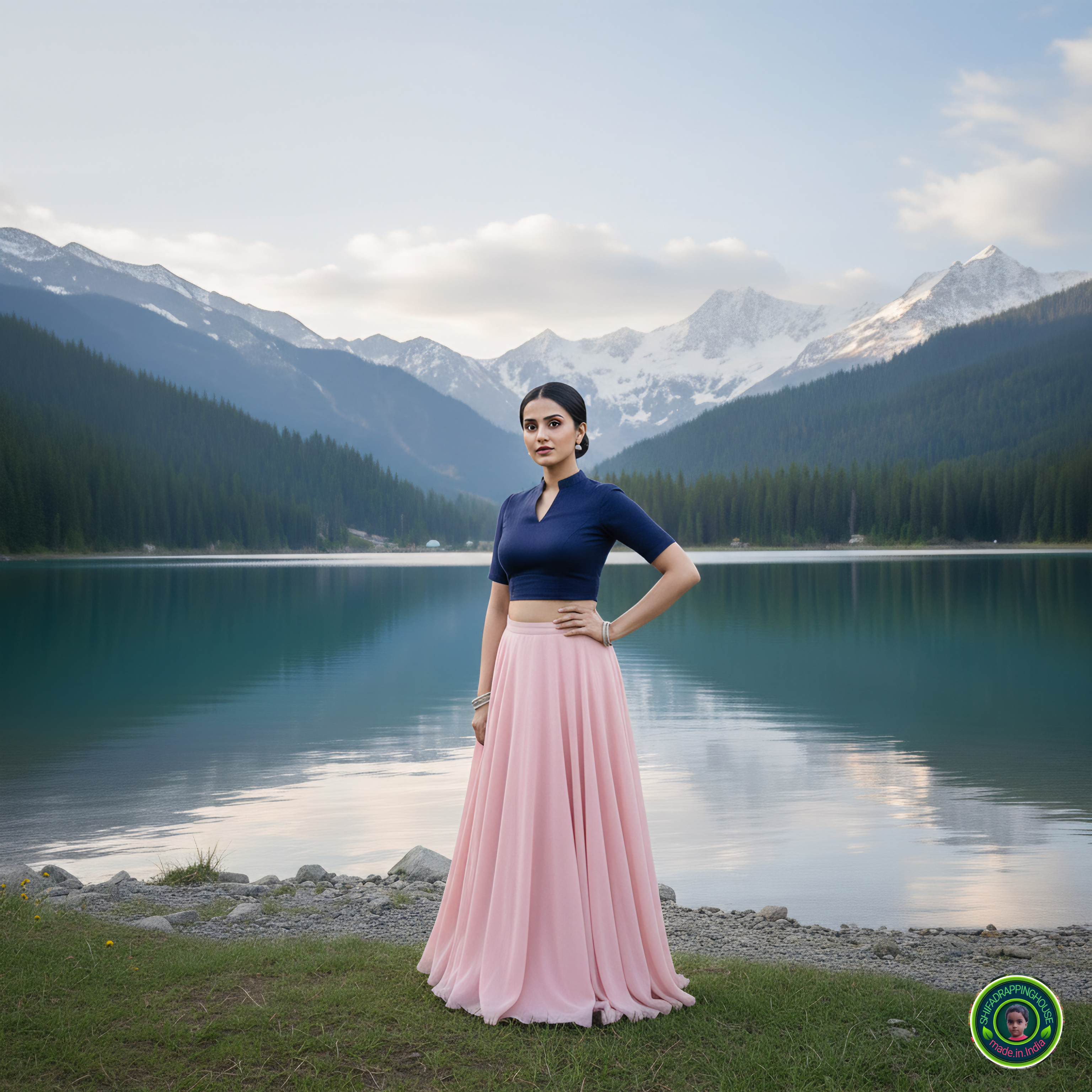 Premium Navy Blue Denim V-Neck Blouse with Mandarin Collar – Luxury Princess Cut Indo-Western Top (Padded & Lined)