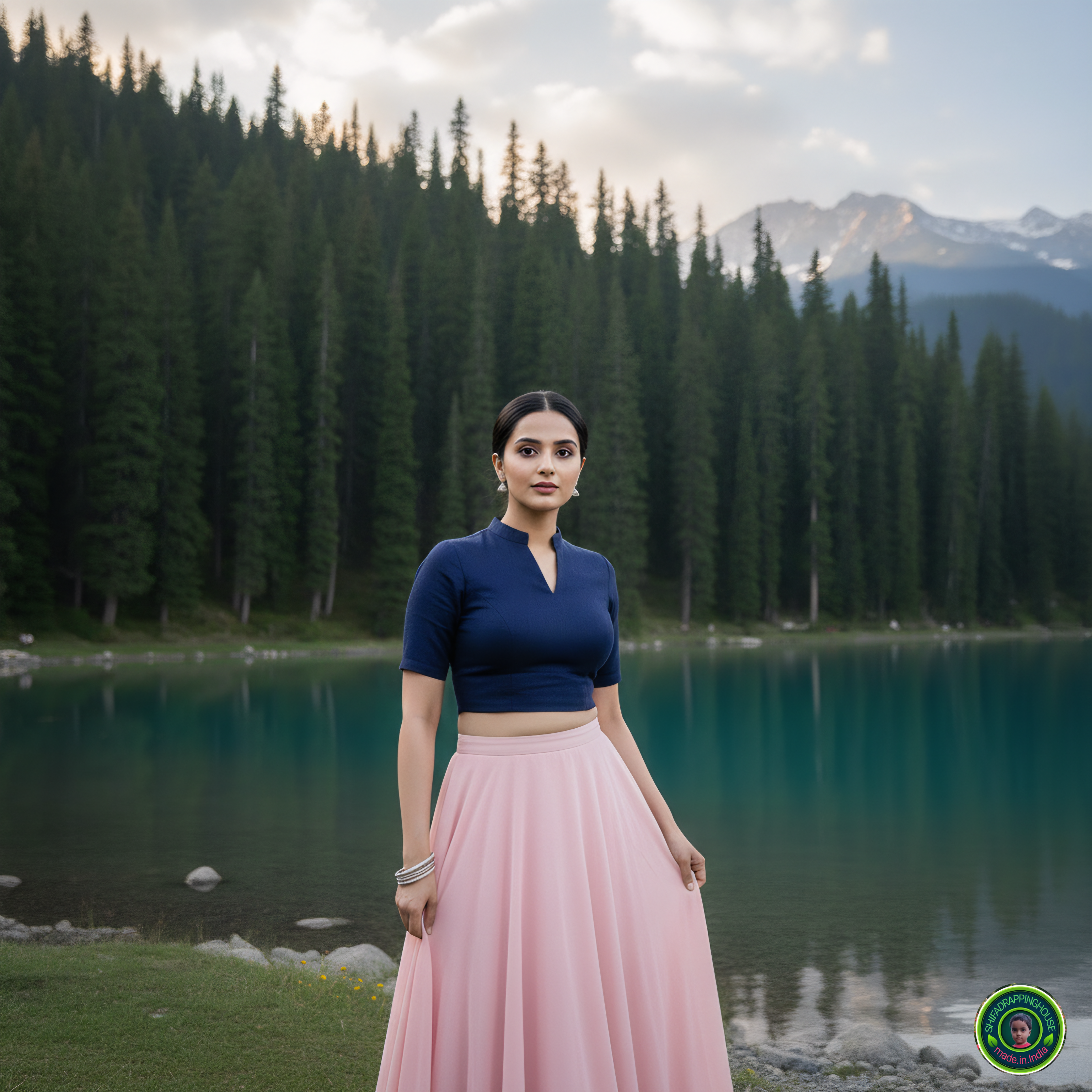 Premium Navy Blue Denim V-Neck Blouse with Mandarin Collar – Luxury Princess Cut Indo-Western Top (Padded & Lined)