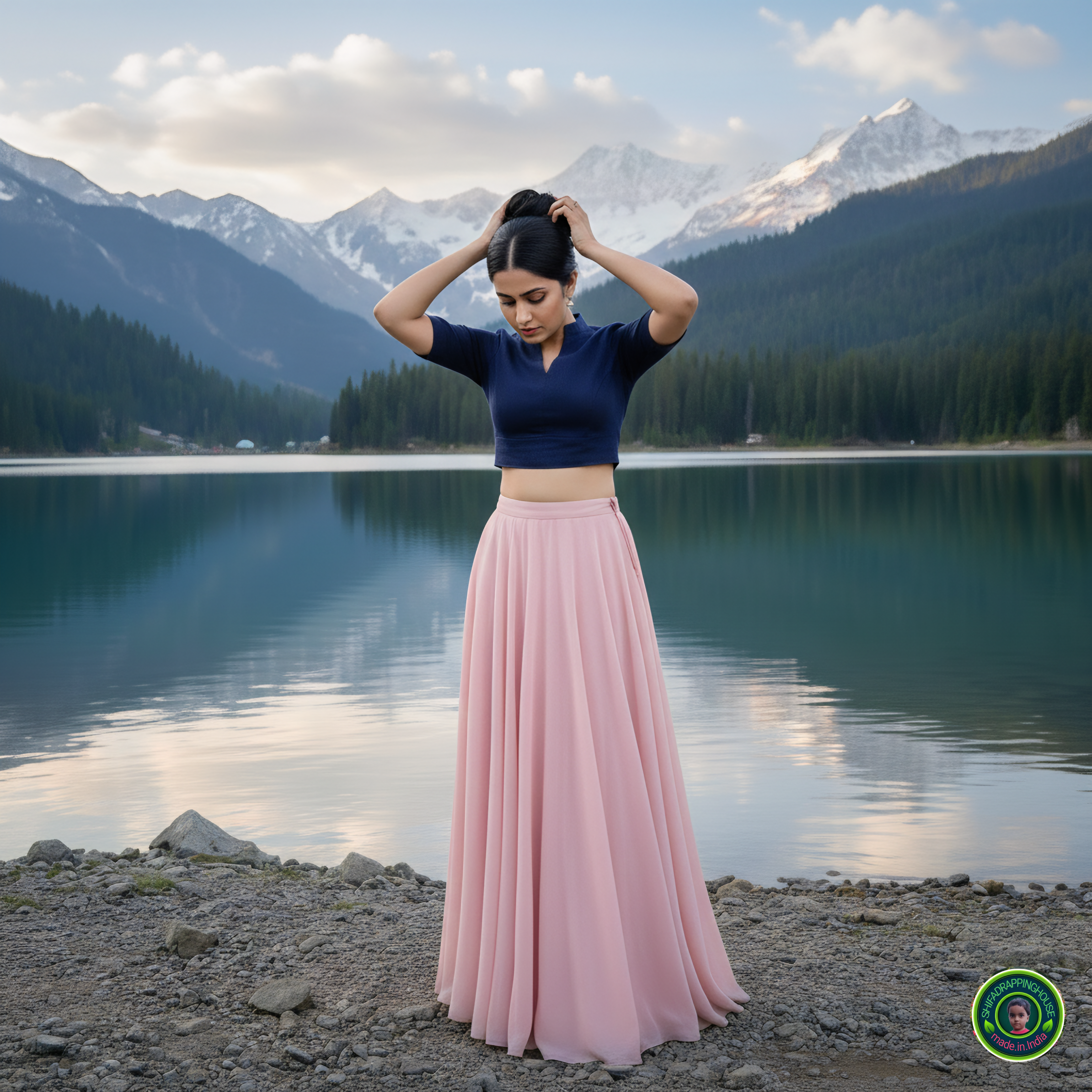 Premium Navy Blue Denim V-Neck Blouse with Mandarin Collar – Luxury Princess Cut Indo-Western Top (Padded & Lined)