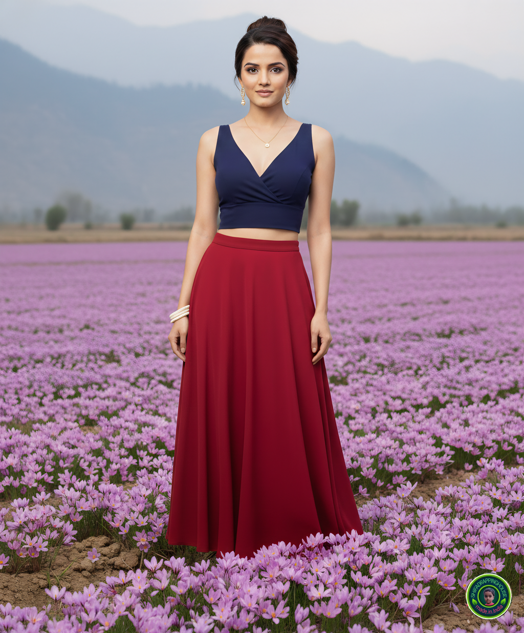Premium Navy Blue Denim Crossover V-Neck Blouse – Luxury Princess Cut Sleeveless Indo-Western Top (Padded & Lined)