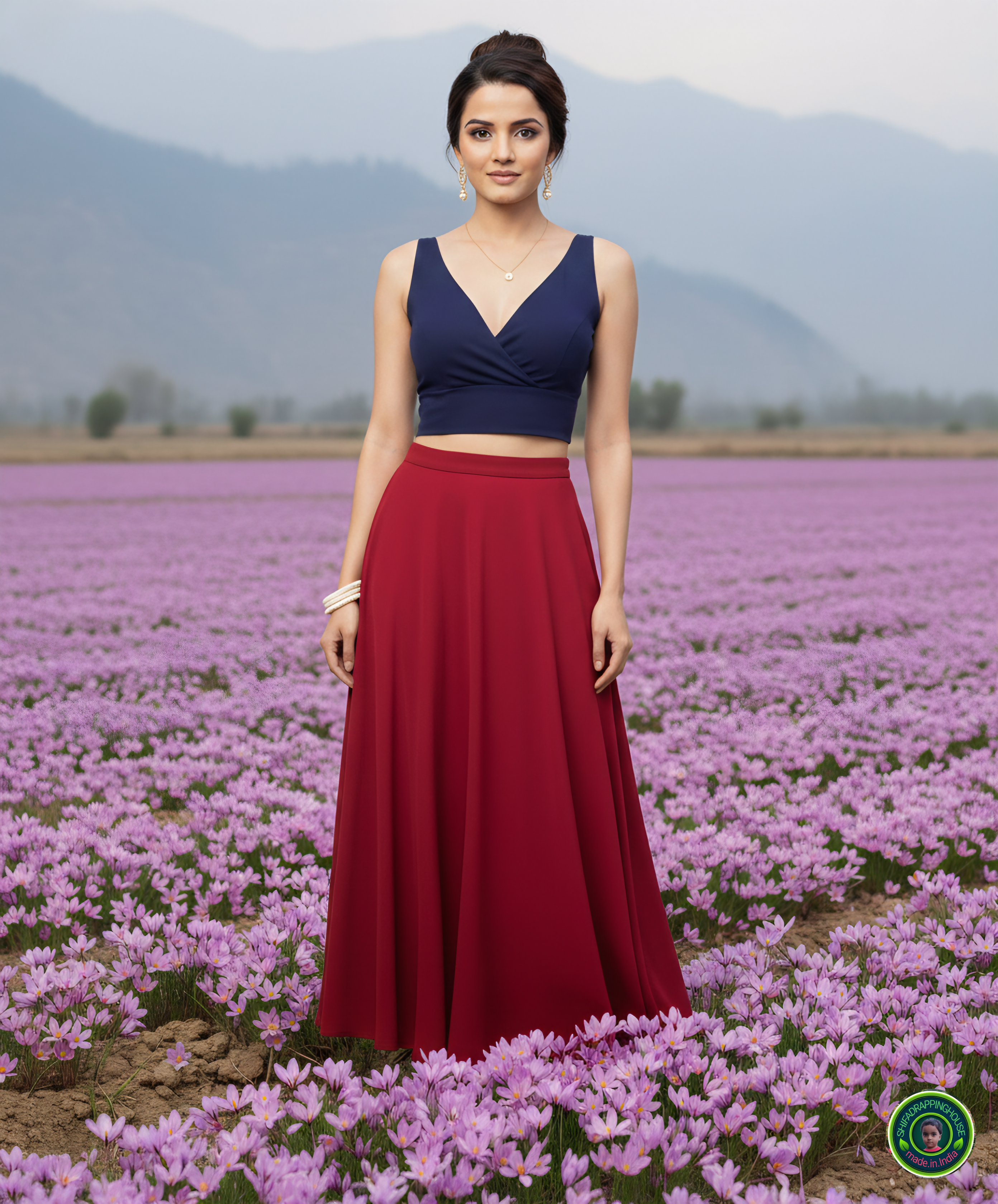 Premium Navy Blue Denim Crossover V-Neck Blouse – Luxury Princess Cut Sleeveless Indo-Western Top (Padded & Lined)