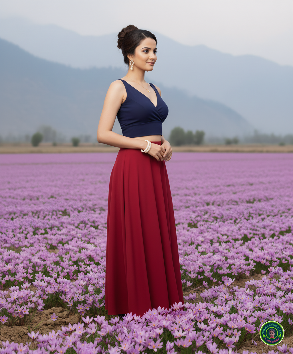 Premium Navy Blue Denim Crossover V-Neck Blouse – Luxury Princess Cut Sleeveless Indo-Western Top (Padded & Lined)