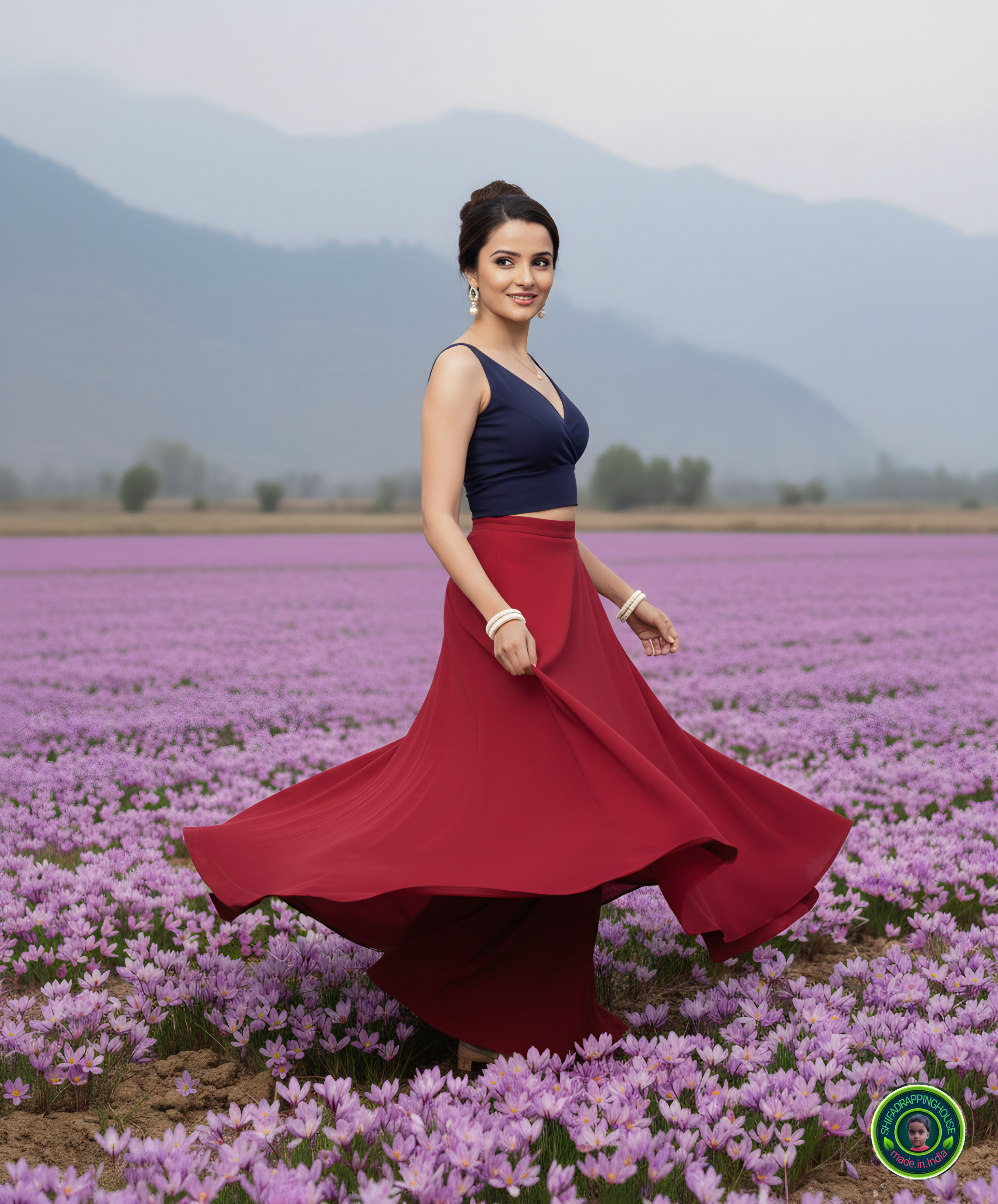 Premium Navy Blue Denim Crossover V-Neck Blouse – Luxury Princess Cut Sleeveless Indo-Western Top (Padded & Lined)