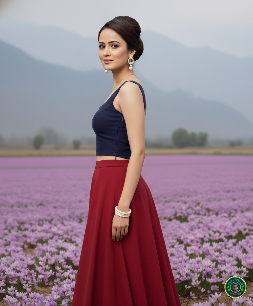 Premium Navy Blue Denim Crossover V-Neck Blouse – Luxury Princess Cut Sleeveless Indo-Western Top (Padded & Lined)