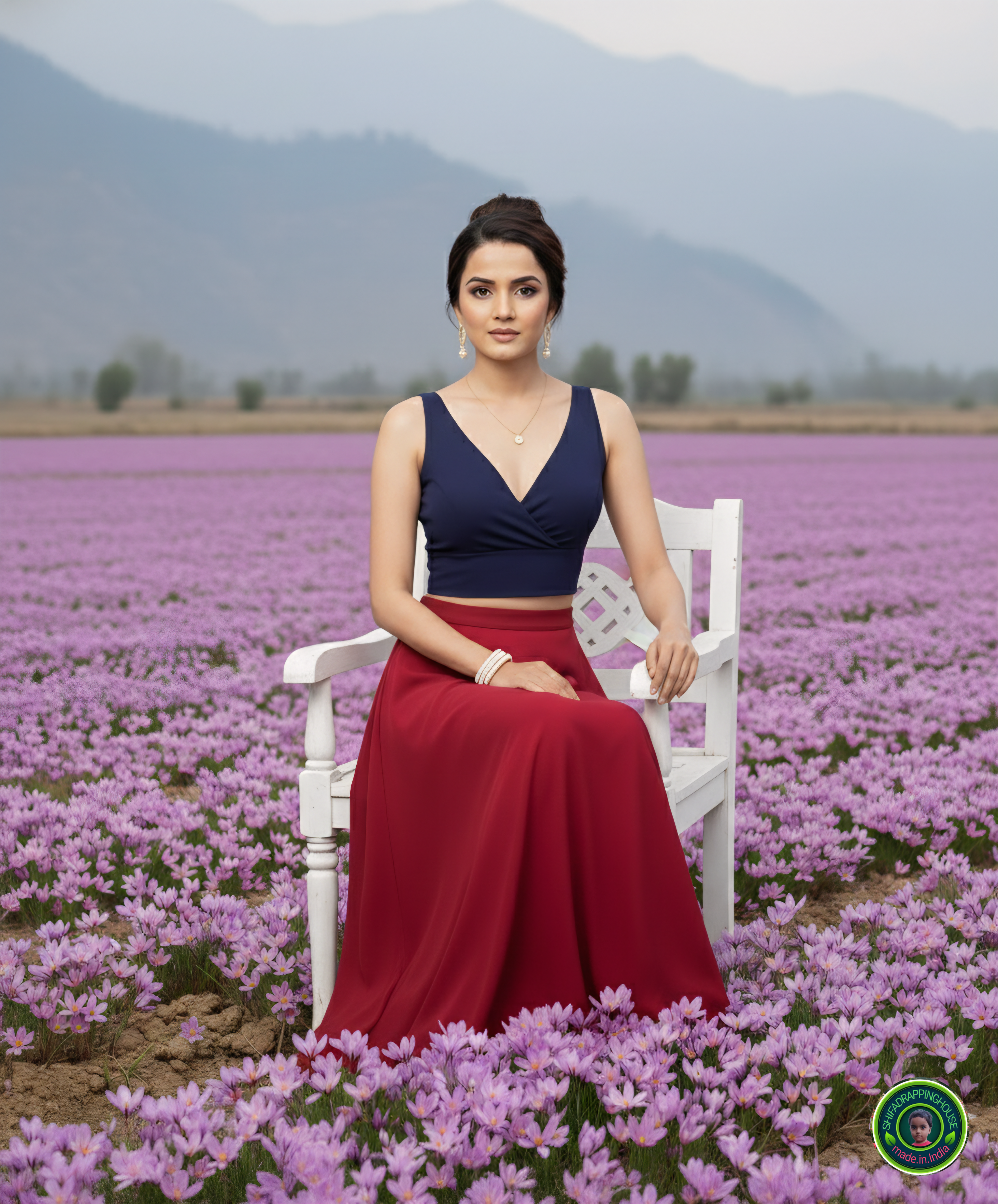 Premium Navy Blue Denim Crossover V-Neck Blouse – Luxury Princess Cut Sleeveless Indo-Western Top (Padded & Lined)