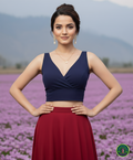Premium Navy Blue Denim Crossover V-Neck Blouse – Luxury Princess Cut Sleeveless Indo-Western Top (Padded & Lined)
