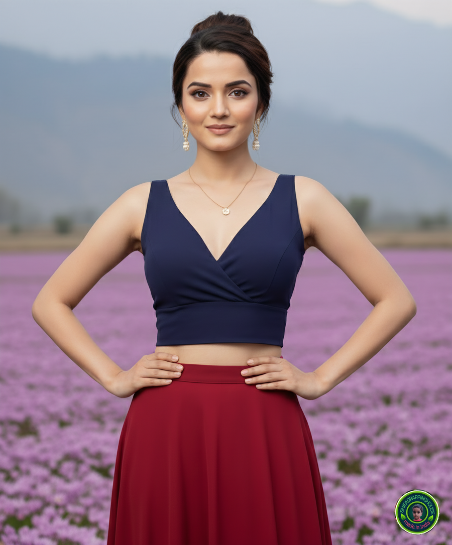Premium Navy Blue Denim Crossover V-Neck Blouse – Luxury Princess Cut Sleeveless Indo-Western Top (Padded & Lined)