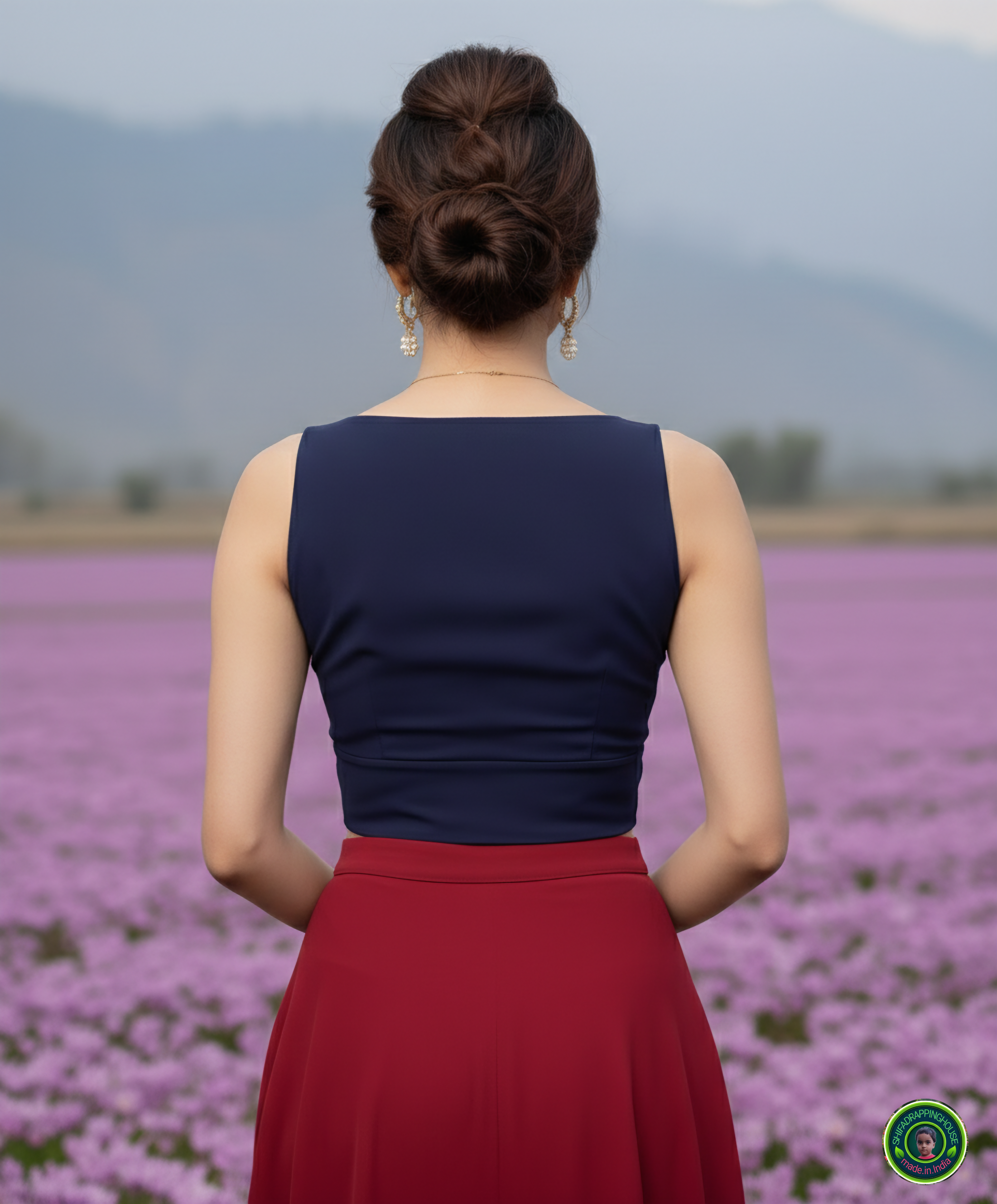 Premium Navy Blue Denim Crossover V-Neck Blouse – Luxury Princess Cut Sleeveless Indo-Western Top (Padded & Lined)