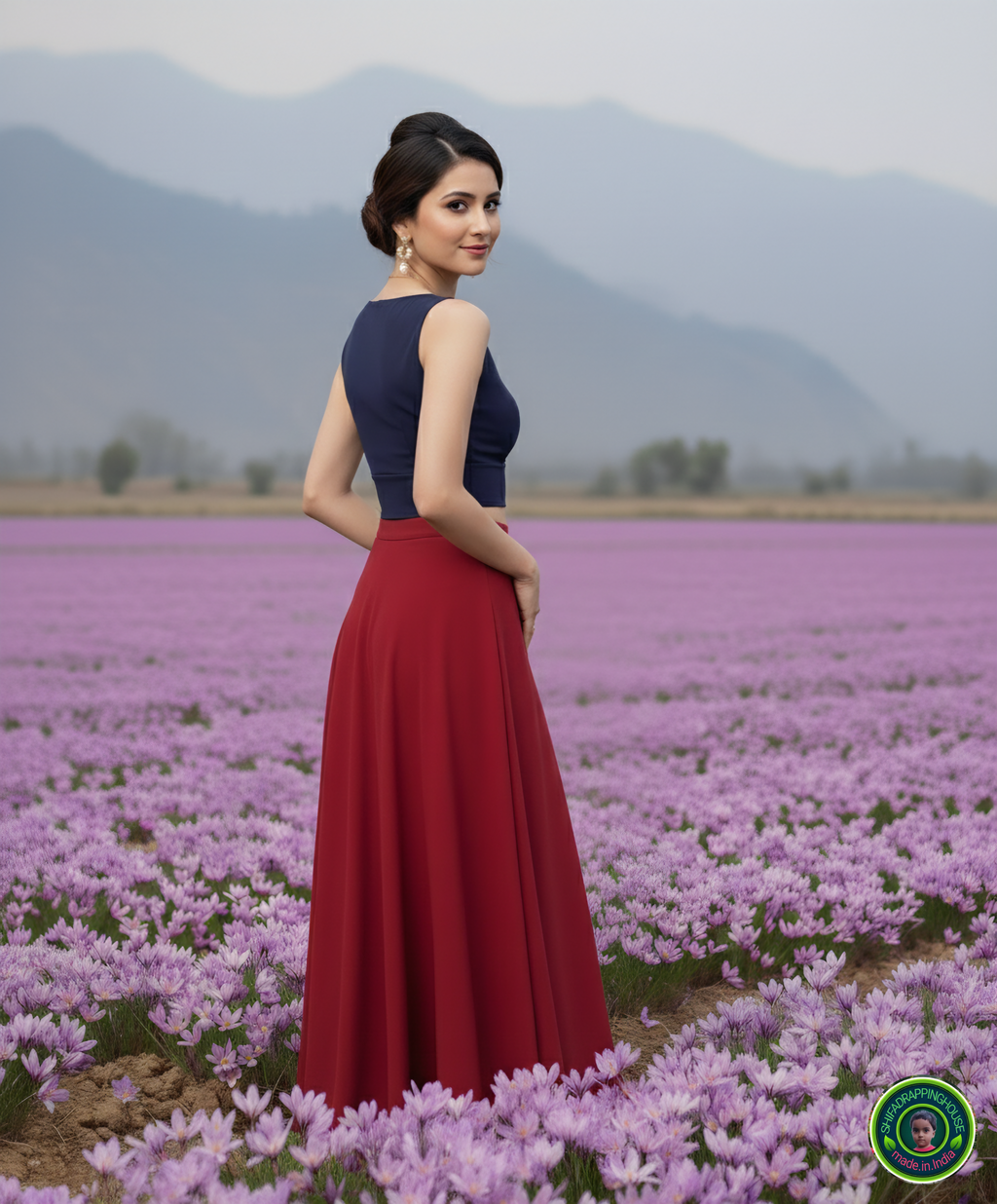 Premium Navy Blue Denim Crossover V-Neck Blouse – Luxury Princess Cut Sleeveless Indo-Western Top (Padded & Lined)