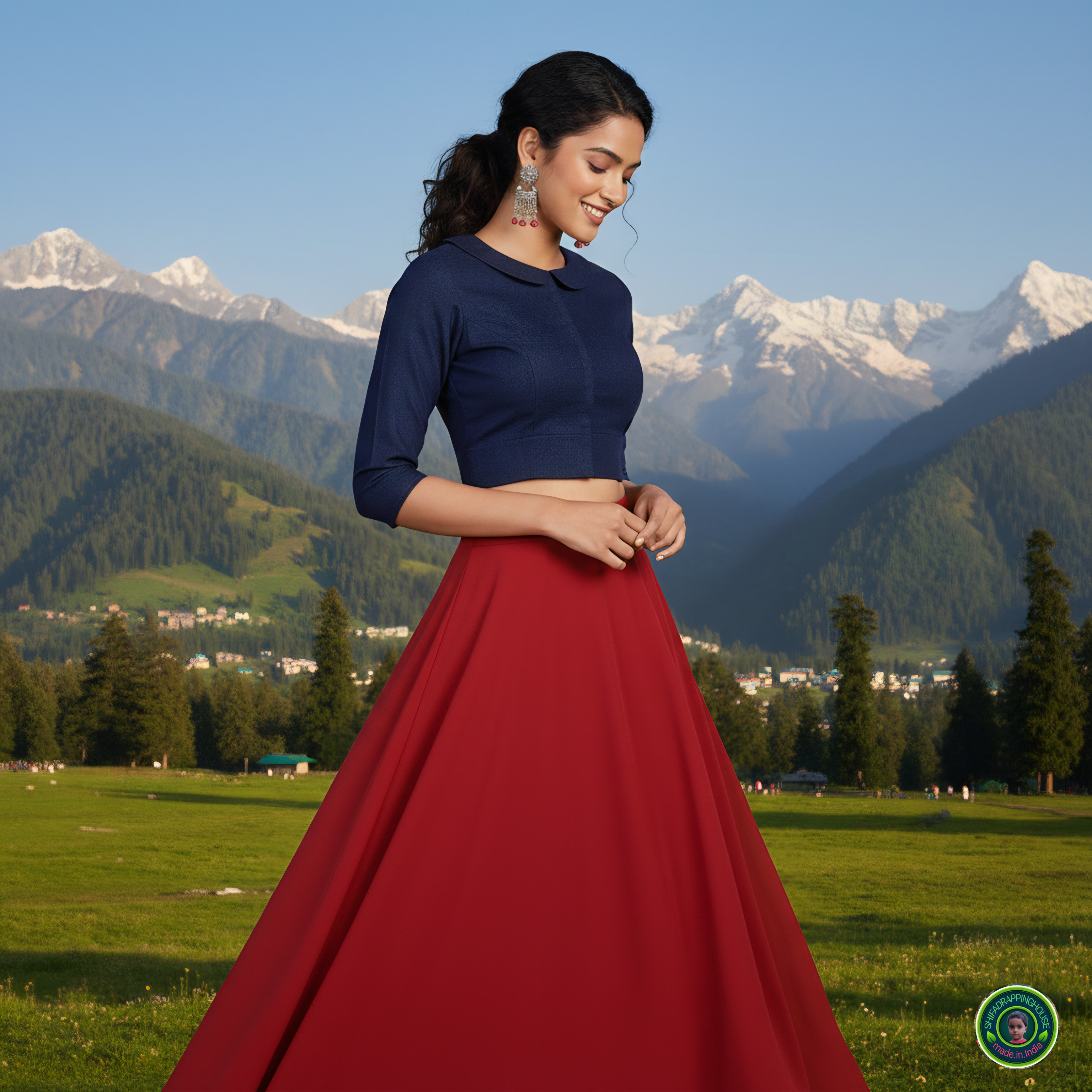 Luxury Navy Blue Denim Baby Collar Blouse – Premium 3/4 Sleeves Princess Cut Indo-Western Top (Padded & Lined)