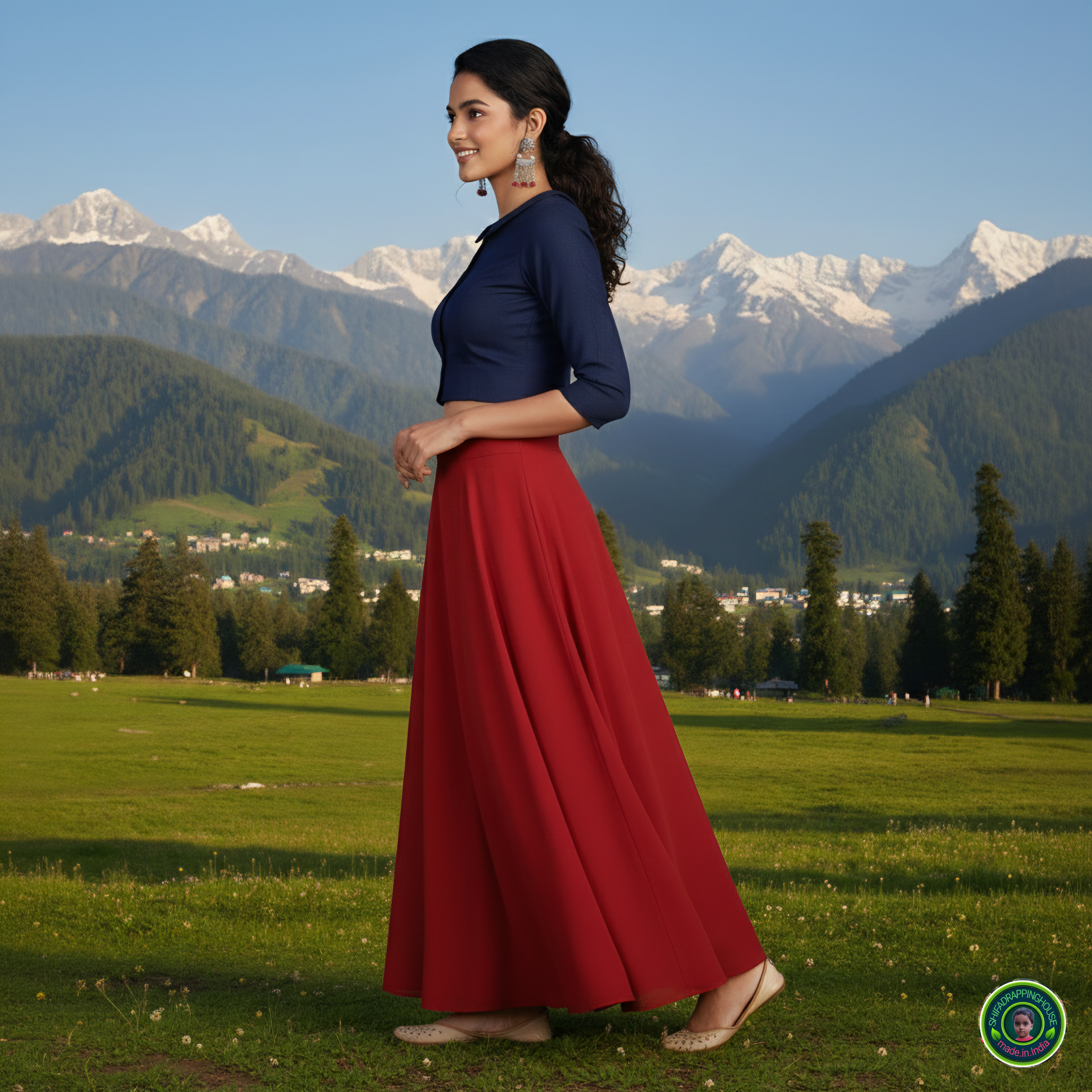 Luxury Navy Blue Denim Baby Collar Blouse – Premium 3/4 Sleeves Princess Cut Indo-Western Top (Padded & Lined)