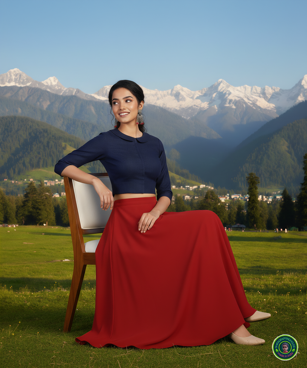 Luxury Navy Blue Denim Baby Collar Blouse – Premium 3/4 Sleeves Princess Cut Indo-Western Top (Padded & Lined)