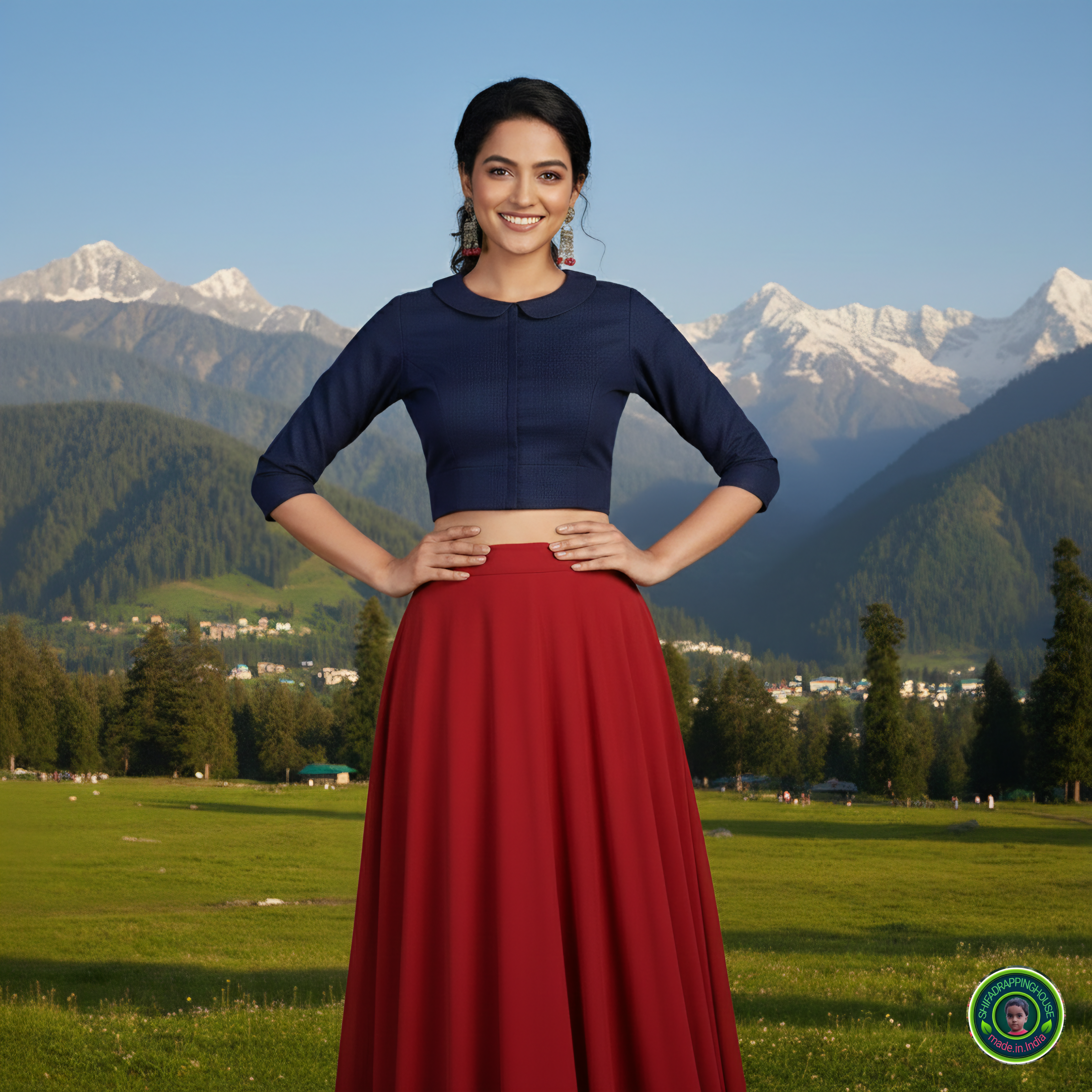 Luxury Navy Blue Denim Baby Collar Blouse – Premium 3/4 Sleeves Princess Cut Indo-Western Top (Padded & Lined)