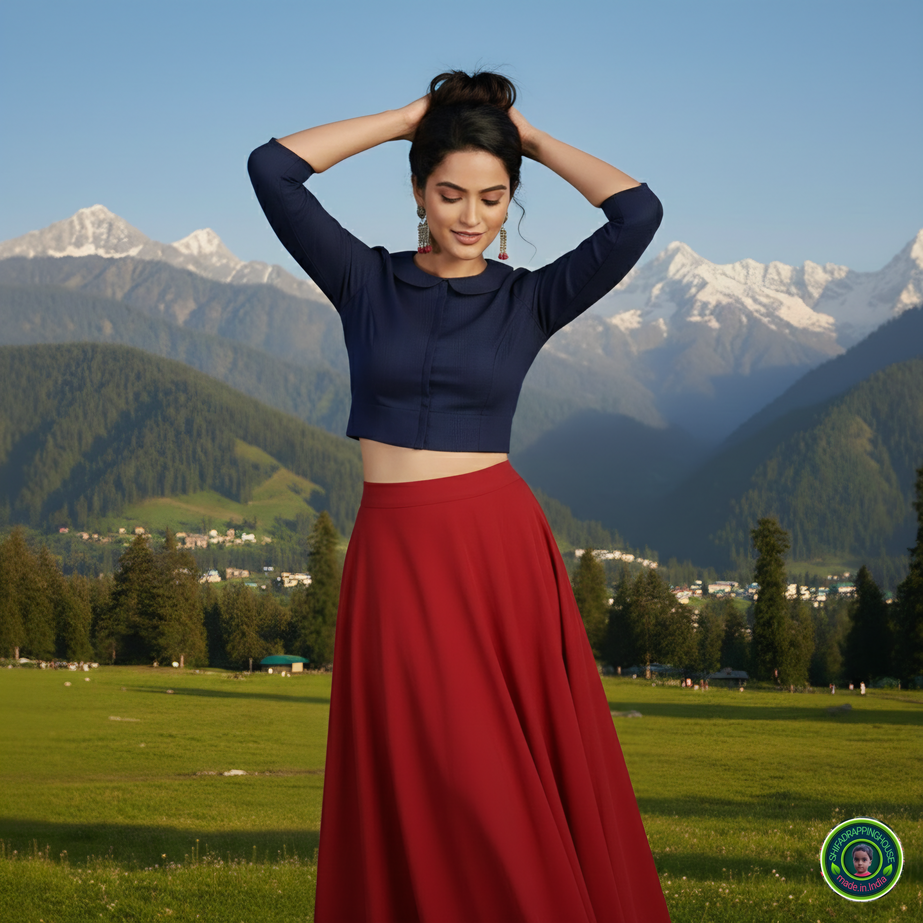 Luxury Navy Blue Denim Baby Collar Blouse – Premium 3/4 Sleeves Princess Cut Indo-Western Top (Padded & Lined)