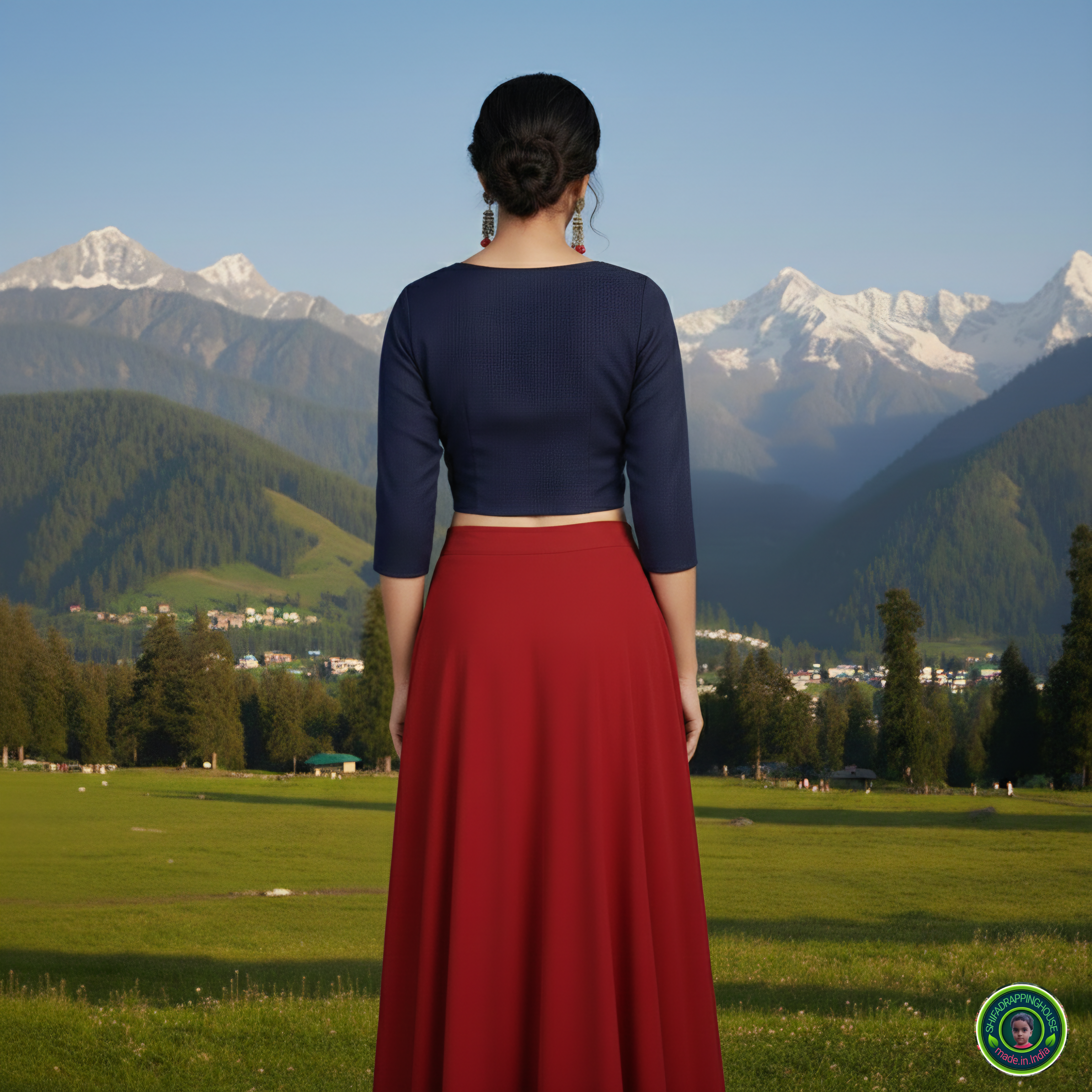 Luxury Navy Blue Denim Baby Collar Blouse – Premium 3/4 Sleeves Princess Cut Indo-Western Top (Padded & Lined)