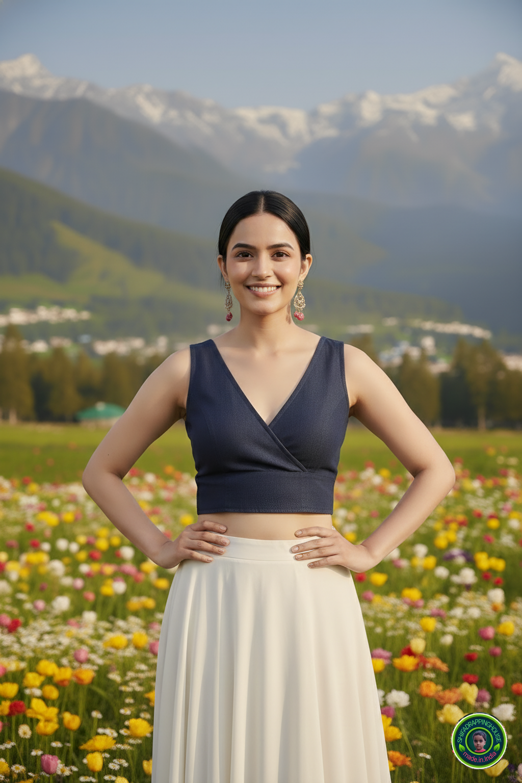 Premium Navy Blue Denim Crossover Blouse – Luxury Sleeveless Princess Cut Indo-Western Top (Padded & Lined)