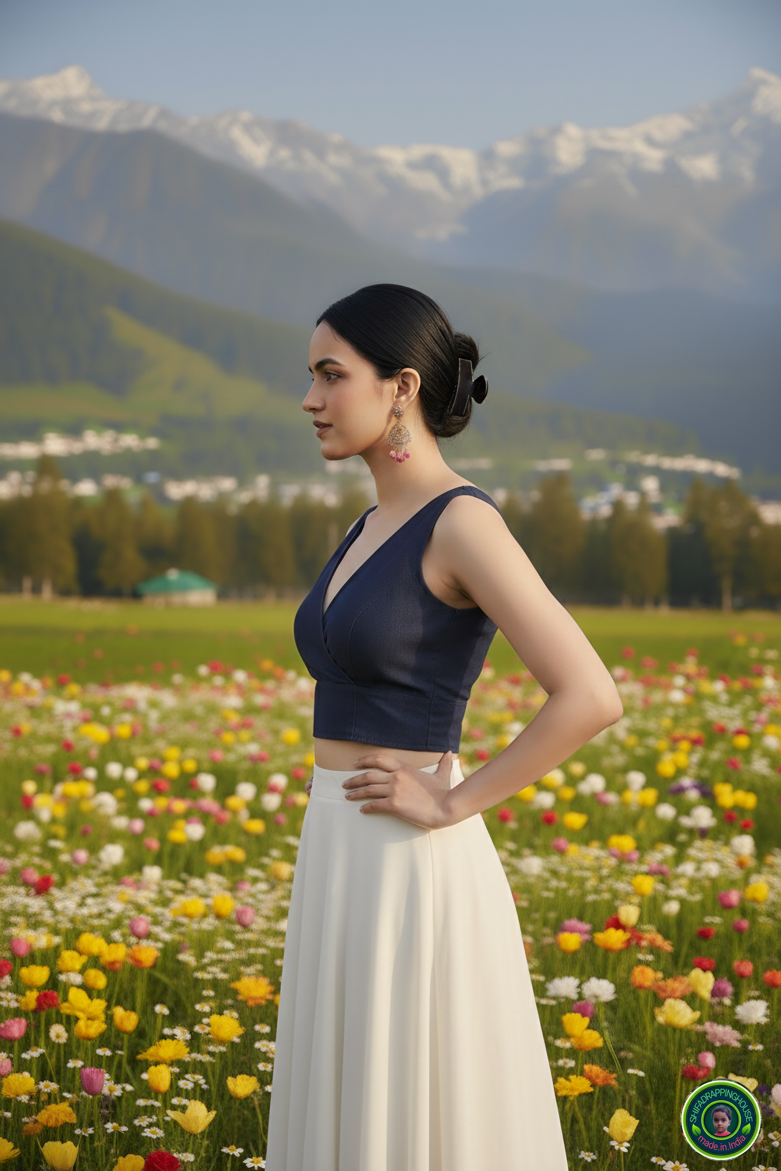 Premium Navy Blue Denim Crossover Blouse – Luxury Sleeveless Princess Cut Indo-Western Top (Padded & Lined)