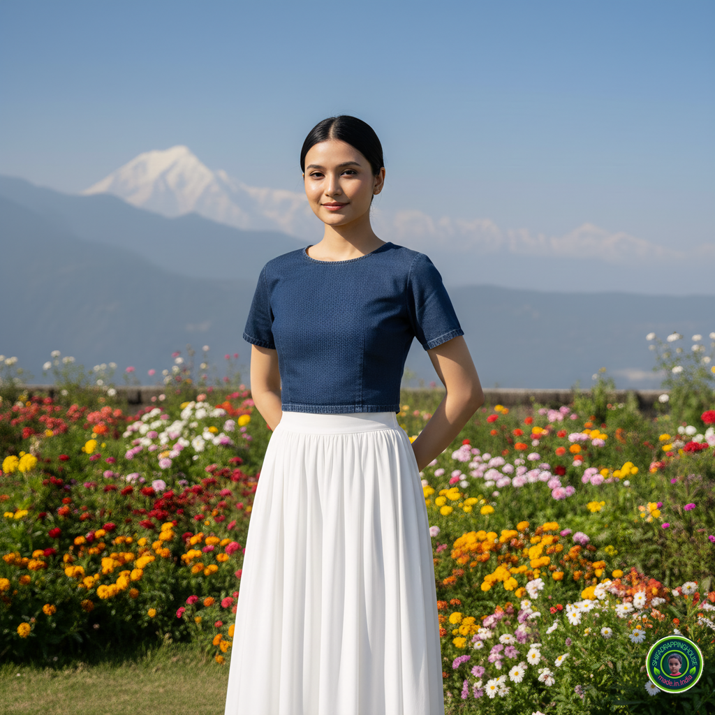 Royal Navy Blue Denim Minimalist Blouse – Elegant Round Neck Cap Sleeve Indo-Western Top with Premium Back Metal Zipper