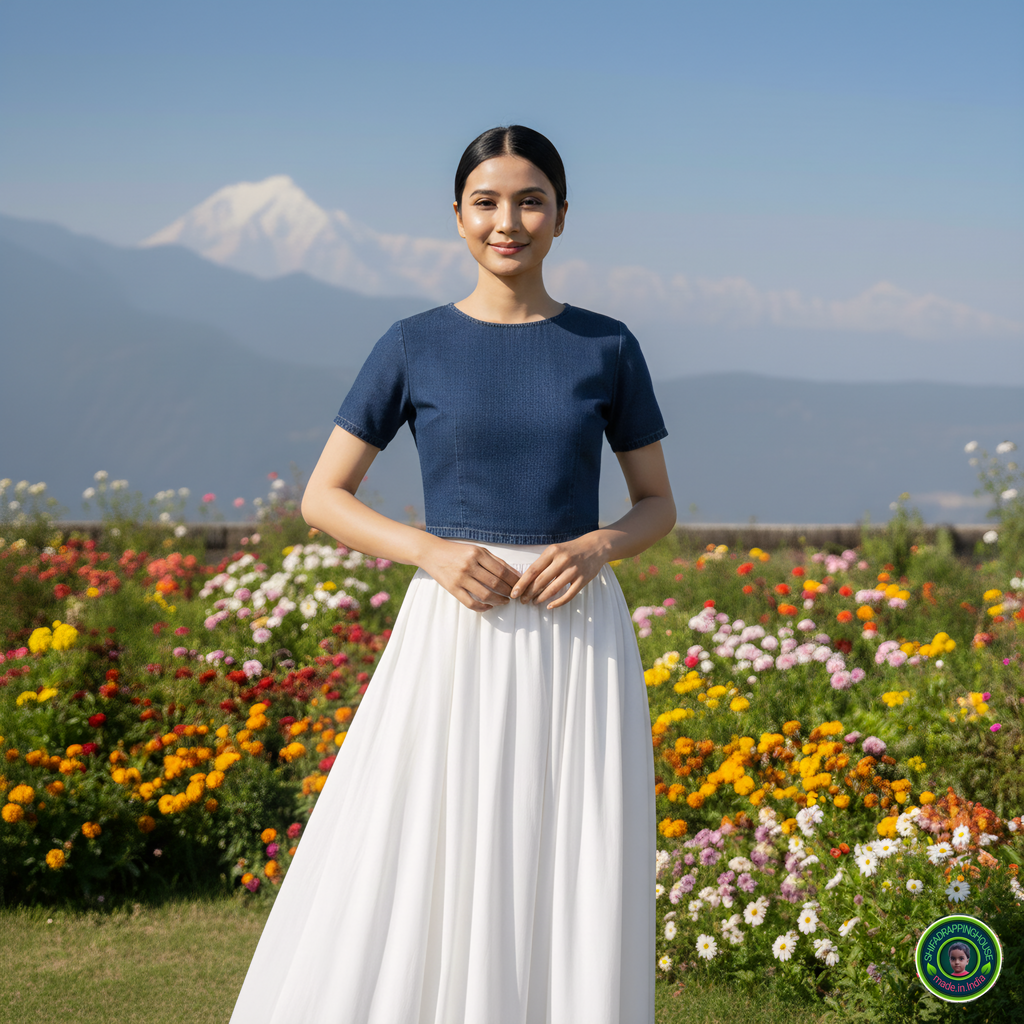 Royal Navy Blue Denim Minimalist Blouse – Elegant Round Neck Cap Sleeve Indo-Western Top with Premium Back Metal Zipper