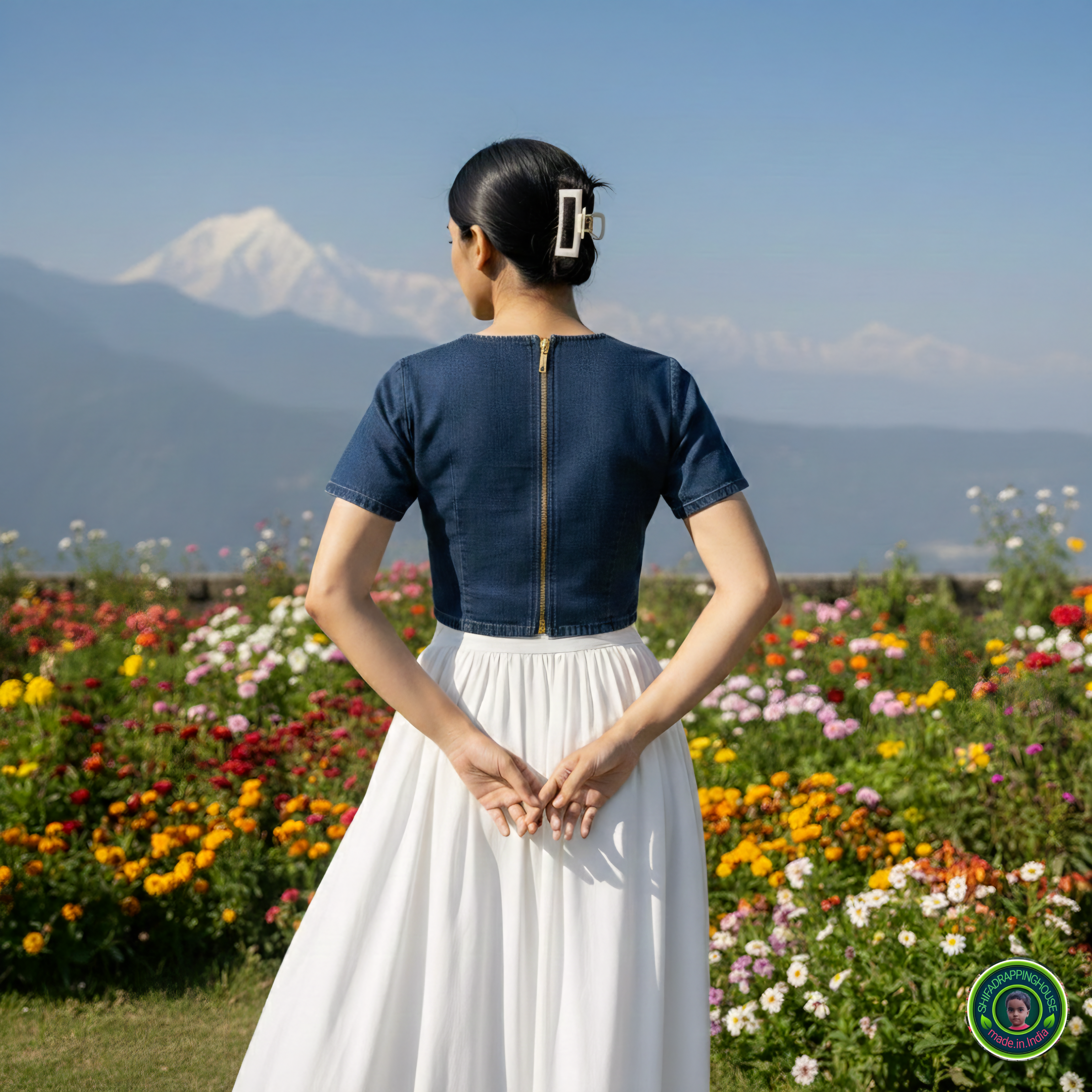 Royal Navy Blue Denim Minimalist Blouse – Elegant Round Neck Cap Sleeve Indo-Western Top with Premium Back Metal Zipper