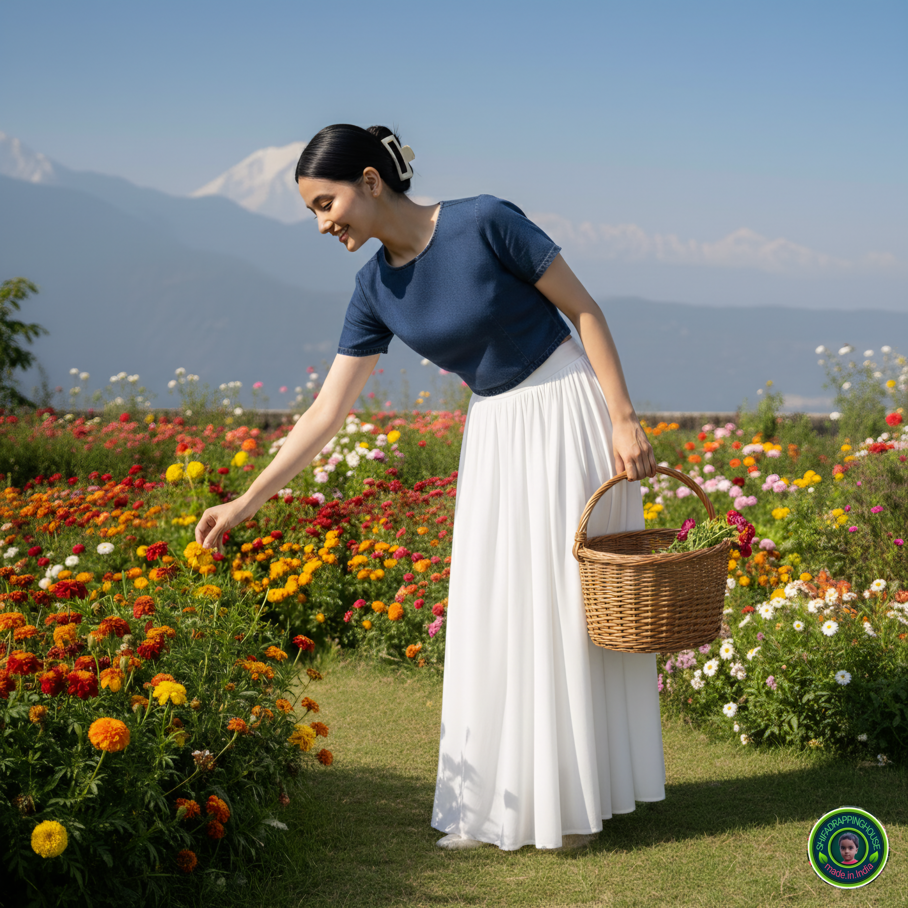 Royal Navy Blue Denim Minimalist Blouse – Elegant Round Neck Cap Sleeve Indo-Western Top with Premium Back Metal Zipper