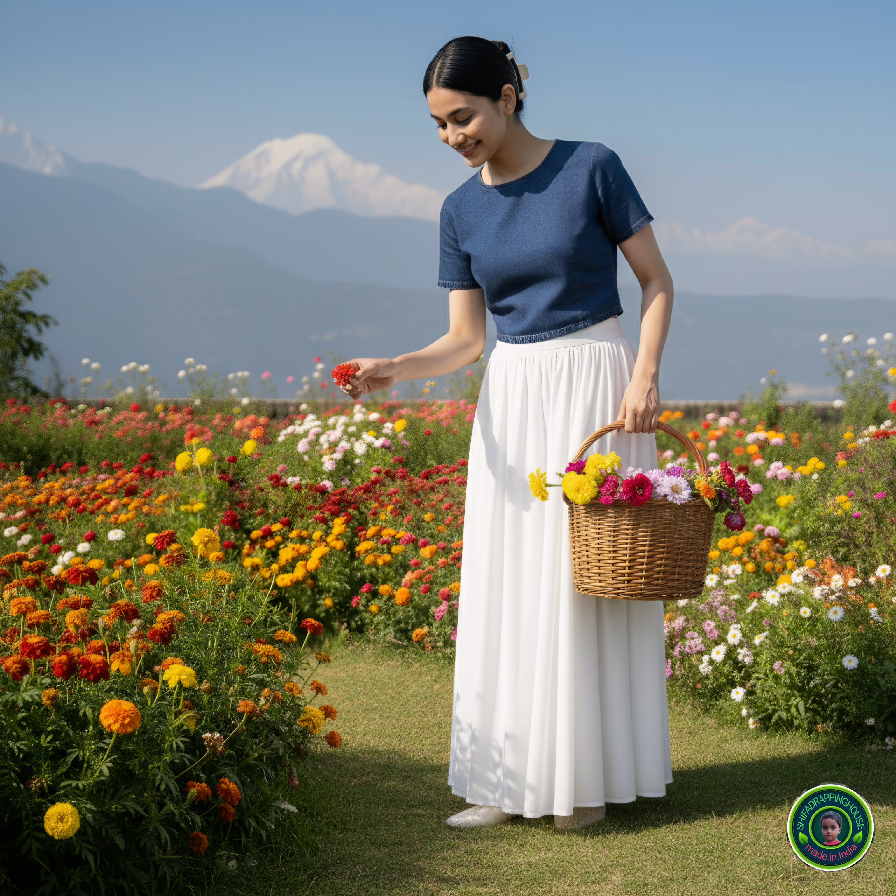 Royal Navy Blue Denim Minimalist Blouse – Elegant Round Neck Cap Sleeve Indo-Western Top with Premium Back Metal Zipper
