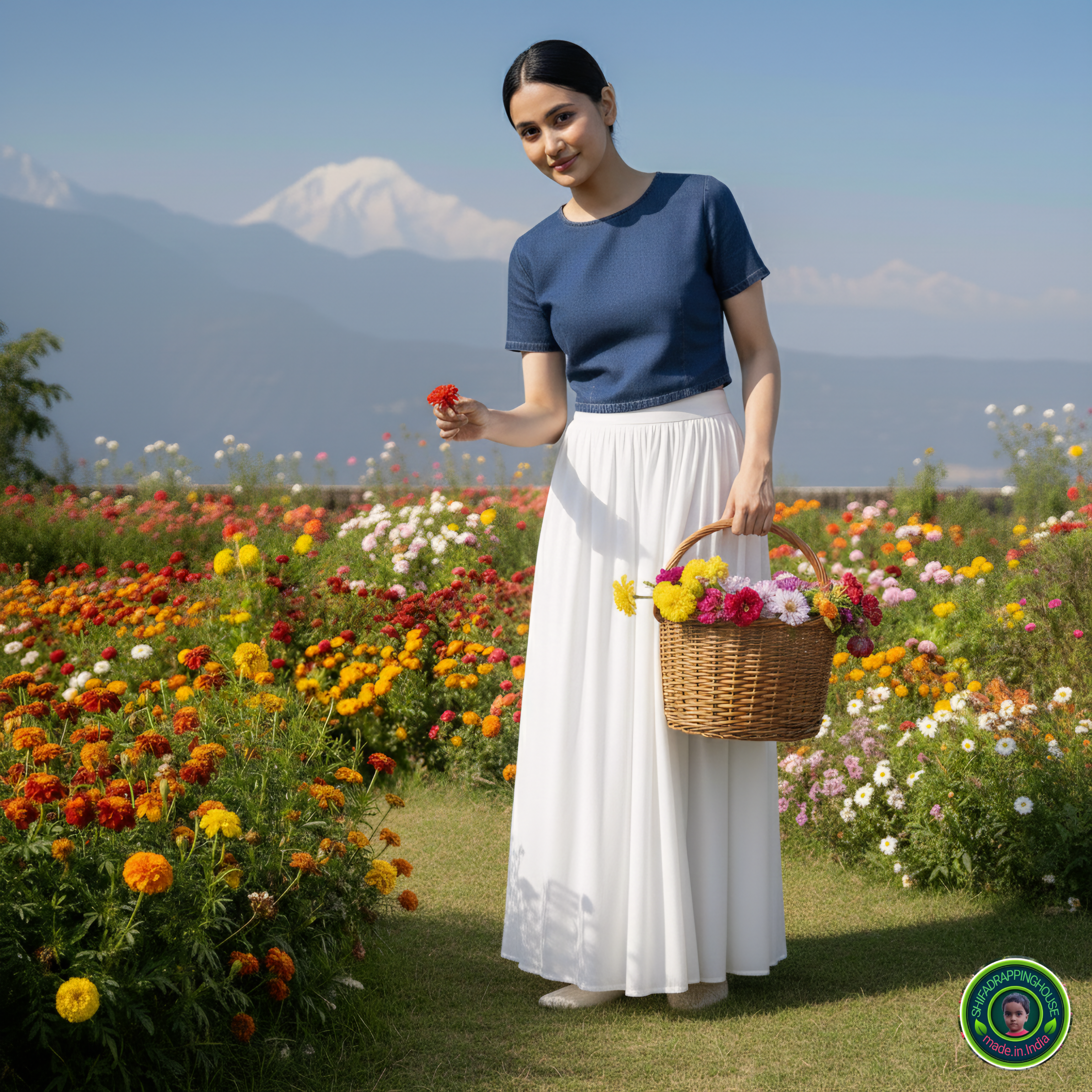 Royal Navy Blue Denim Minimalist Blouse – Elegant Round Neck Cap Sleeve Indo-Western Top with Premium Back Metal Zipper