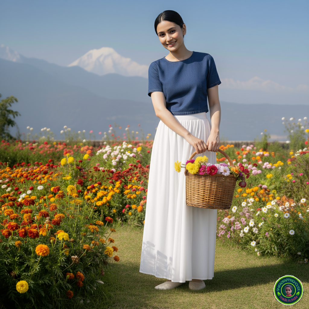 Royal Navy Blue Denim Minimalist Blouse – Elegant Round Neck Cap Sleeve Indo-Western Top with Premium Back Metal Zipper
