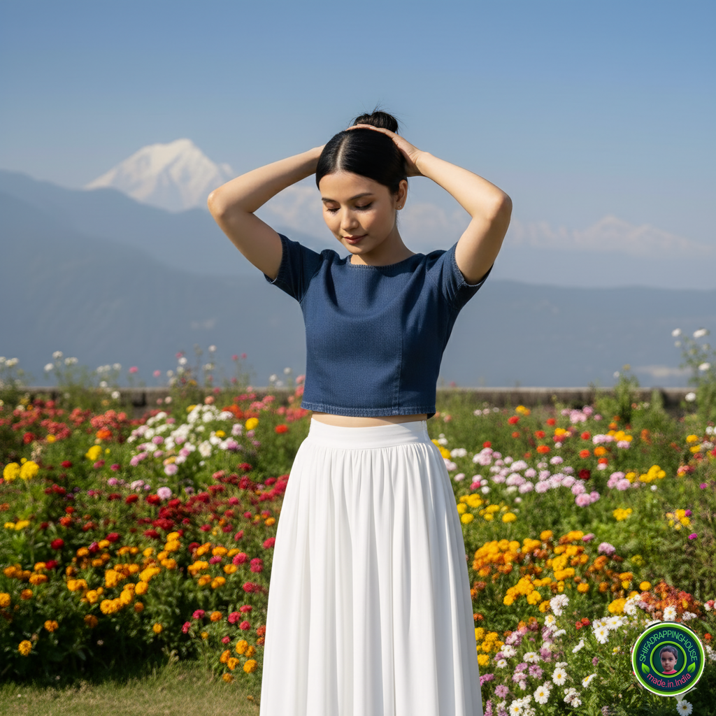 Royal Navy Blue Denim Minimalist Blouse – Elegant Round Neck Cap Sleeve Indo-Western Top with Premium Back Metal Zipper