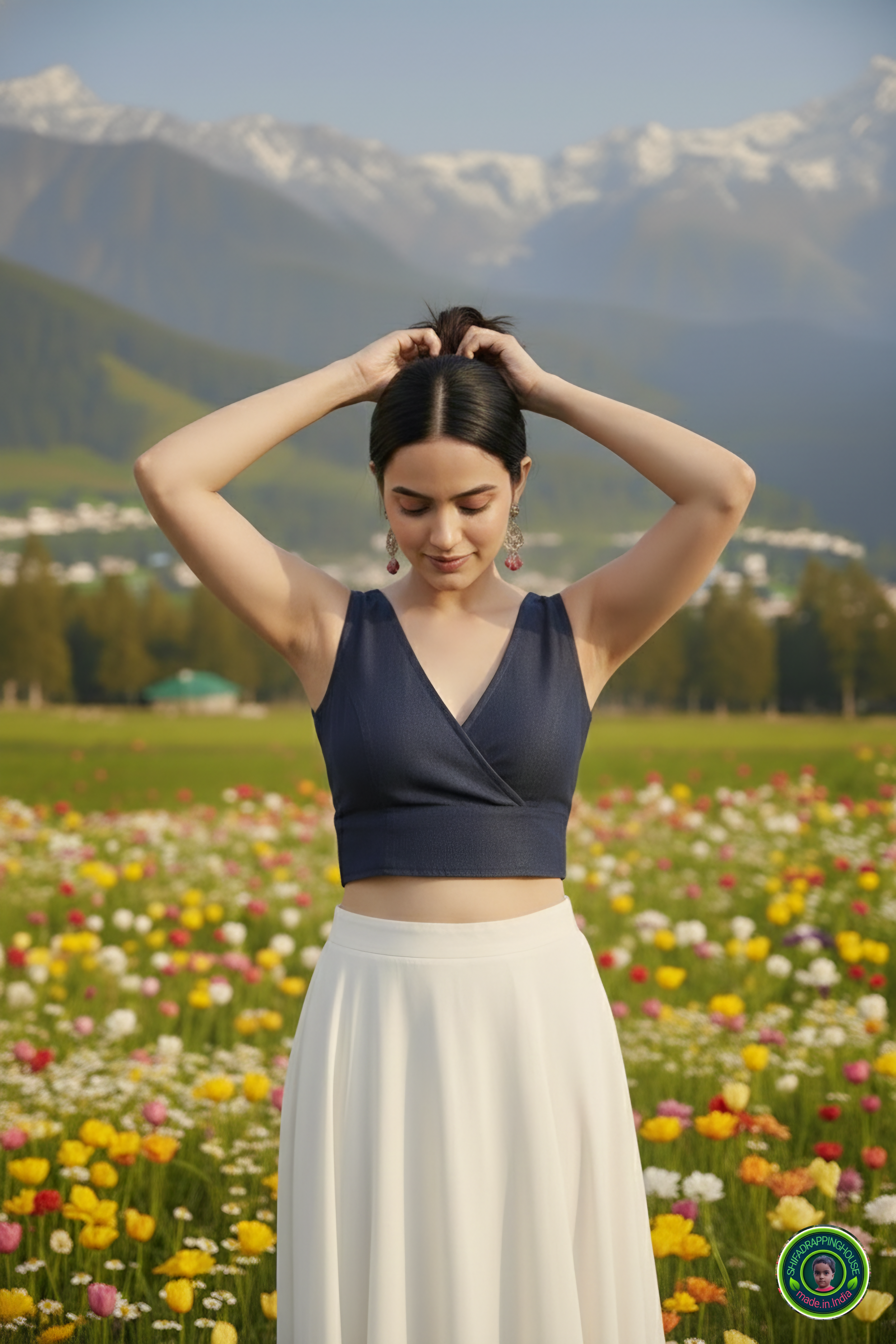 Premium Navy Blue Denim Crossover Blouse – Luxury Sleeveless Princess Cut Indo-Western Top (Padded & Lined)