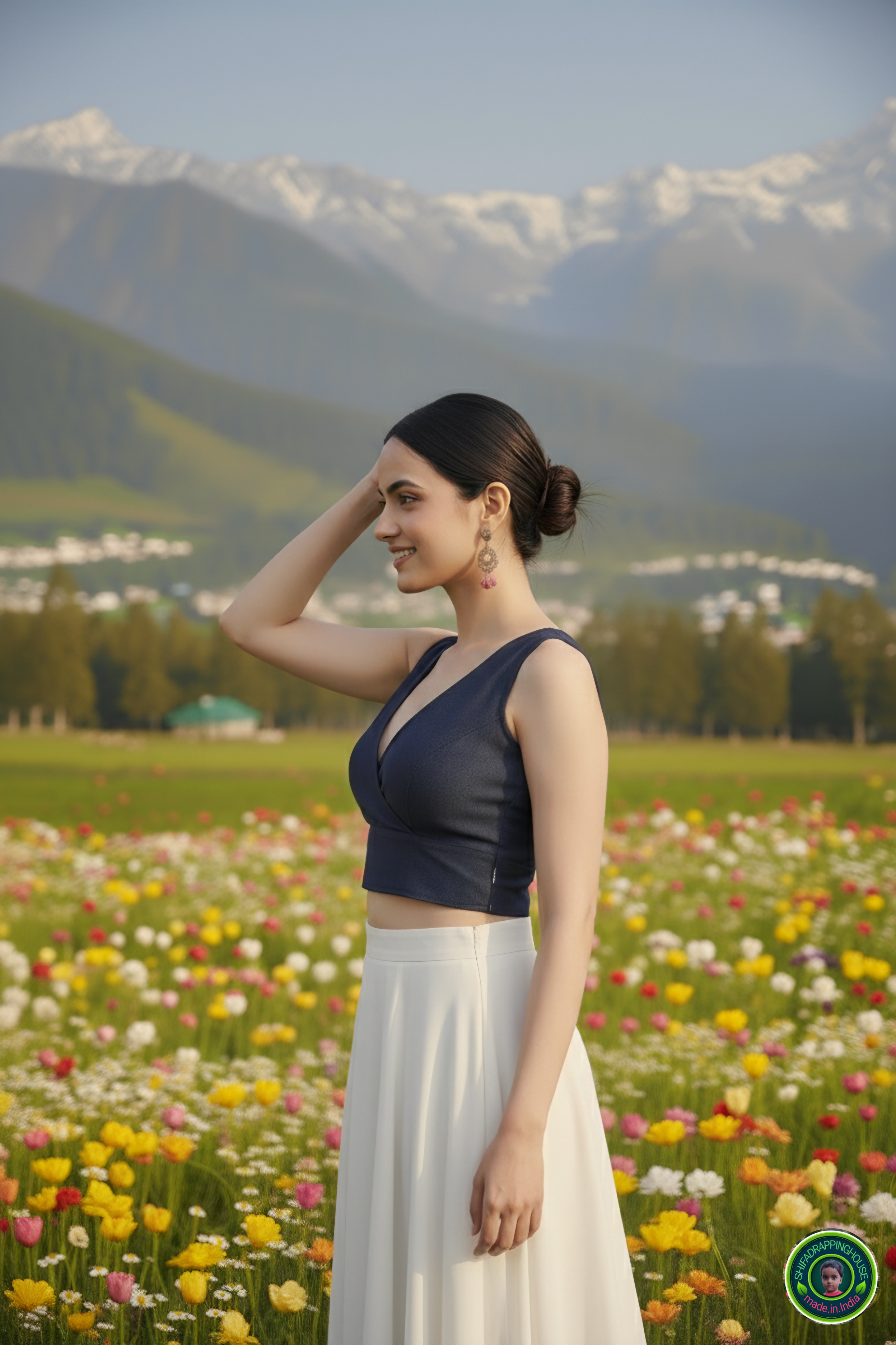 Premium Navy Blue Denim Crossover Blouse – Luxury Sleeveless Princess Cut Indo-Western Top (Padded & Lined)