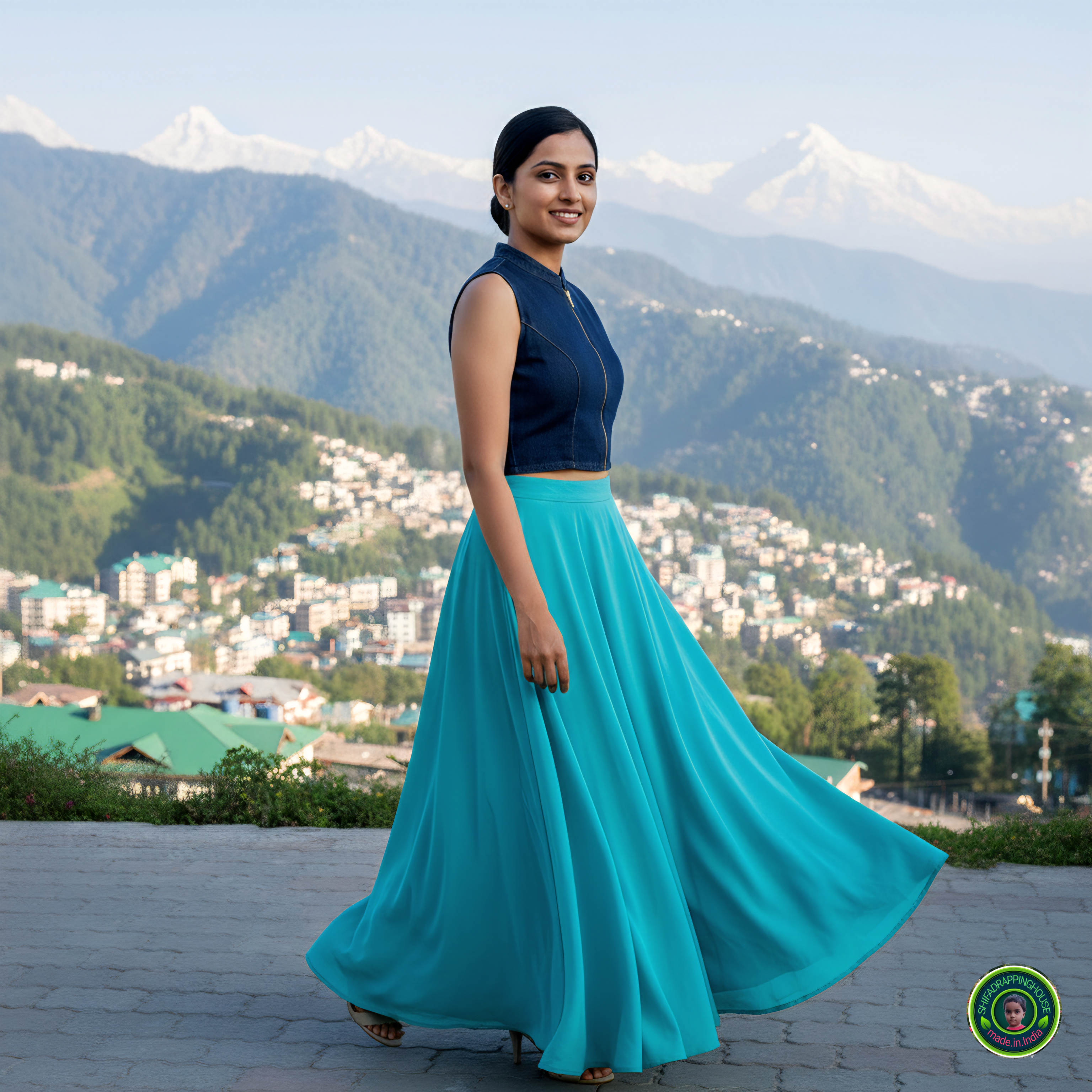 Premium Navy Blue Denim Mandarin Collar Blouse – Luxury Sleeveless Princess Cut Indo-Western Top with Front Metal Zipper