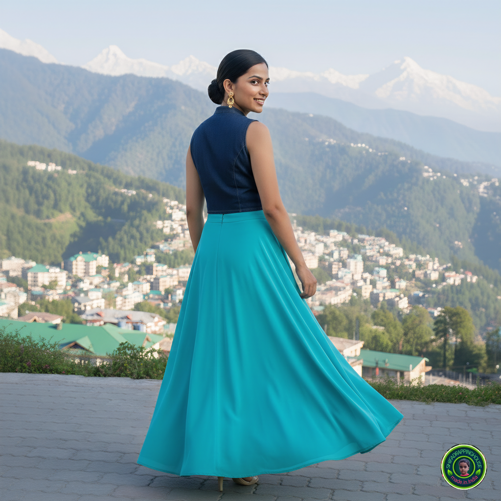 Premium Navy Blue Denim Mandarin Collar Blouse – Luxury Sleeveless Princess Cut Indo-Western Top with Front Metal Zipper